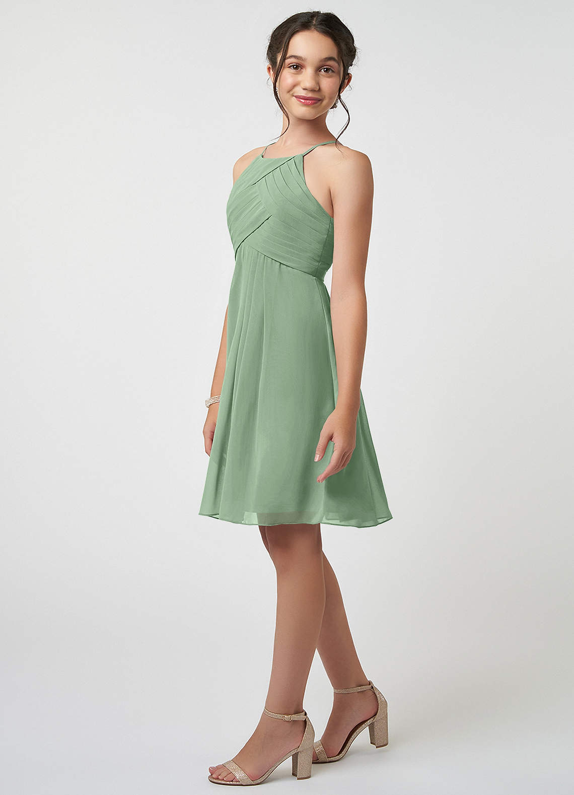 Azazie Ginny Junior Agave A-Line Pleated Chiffon Dress image2