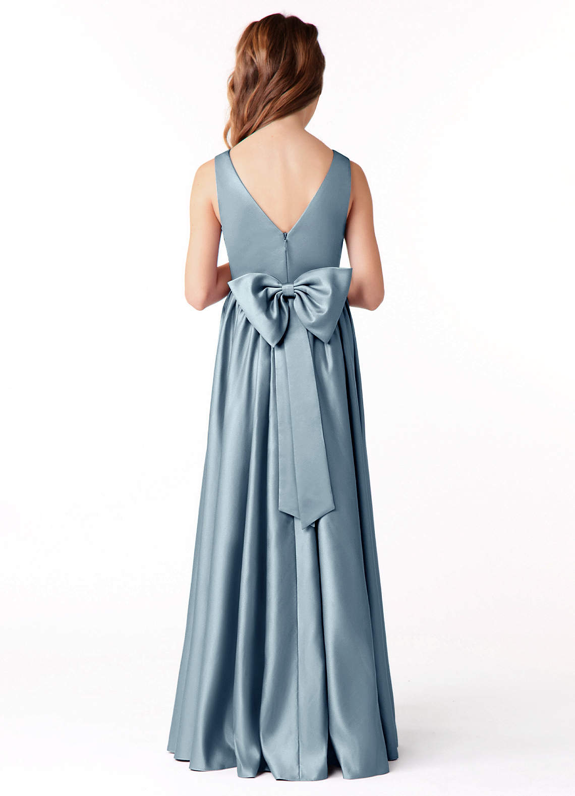 Azazie Hathaway Junior Dusty Blue A-Line Bow Stretch Satin Dress image1