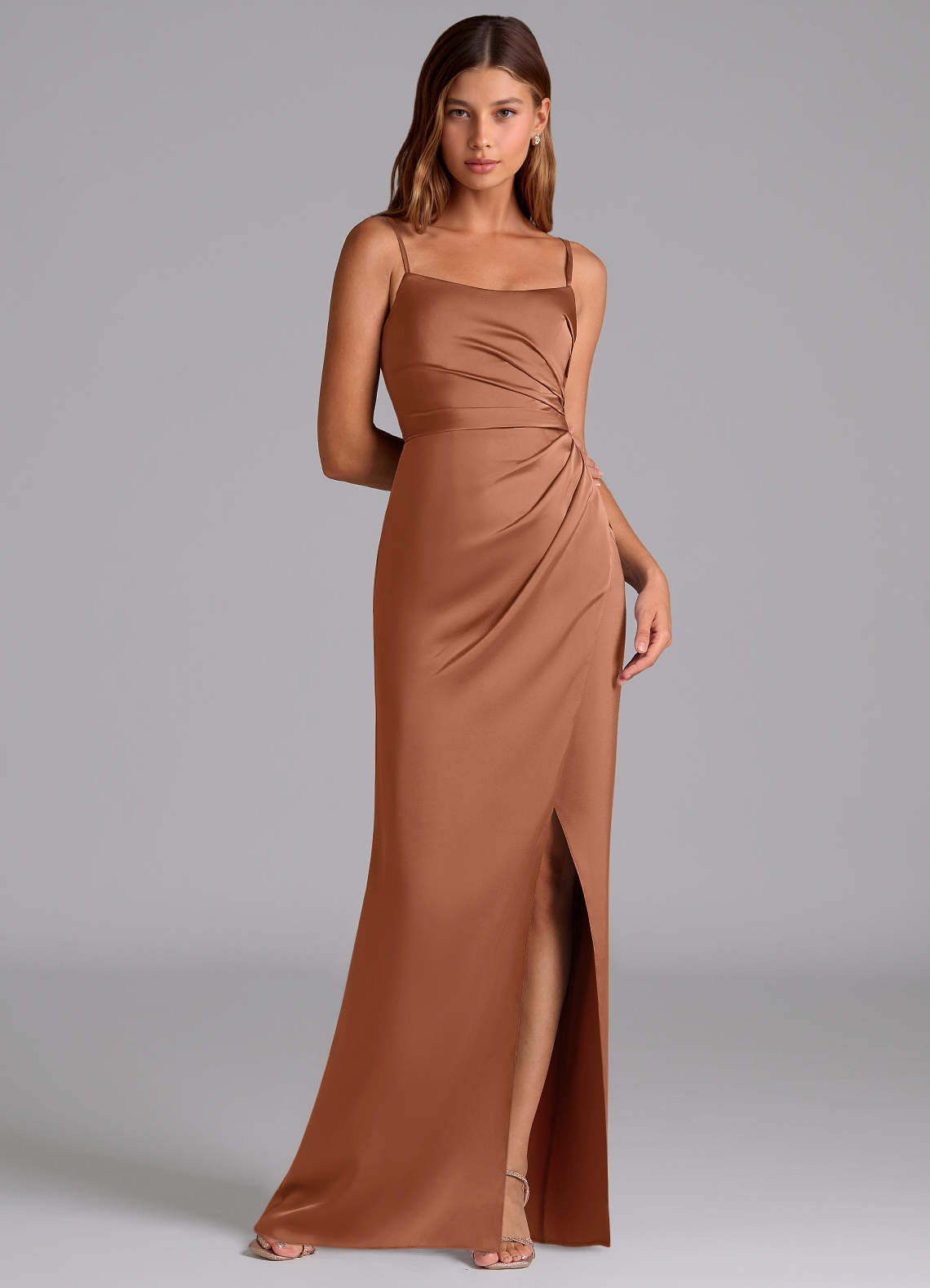 Azazie Calandra Bridesmaid Dresses Bronzer A-Line Pleated Stretch Satin Dress image1