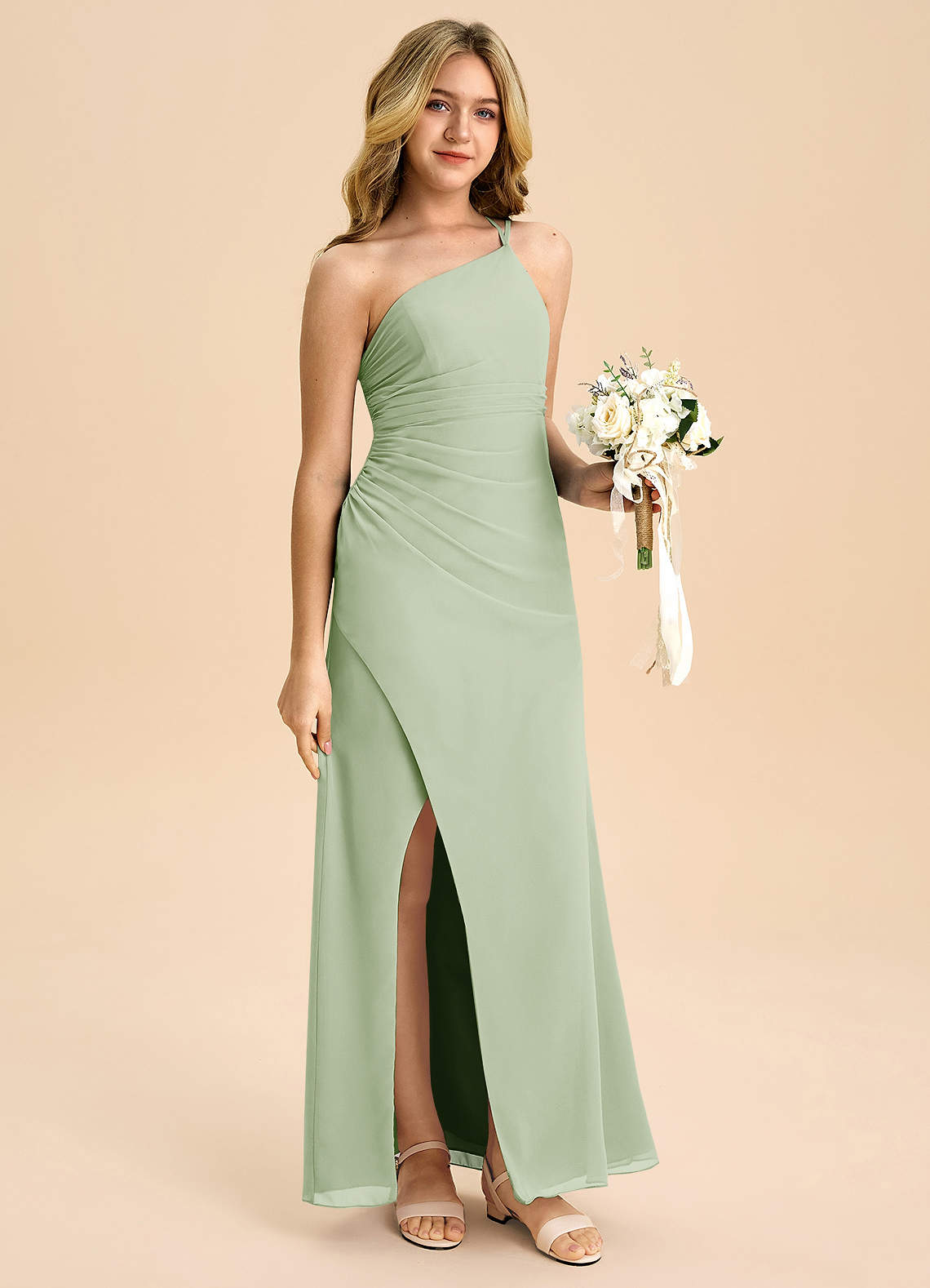 Azazie Eren Junior Vestido Dusty Sage de Chiffon de Linha A com Plissado image2