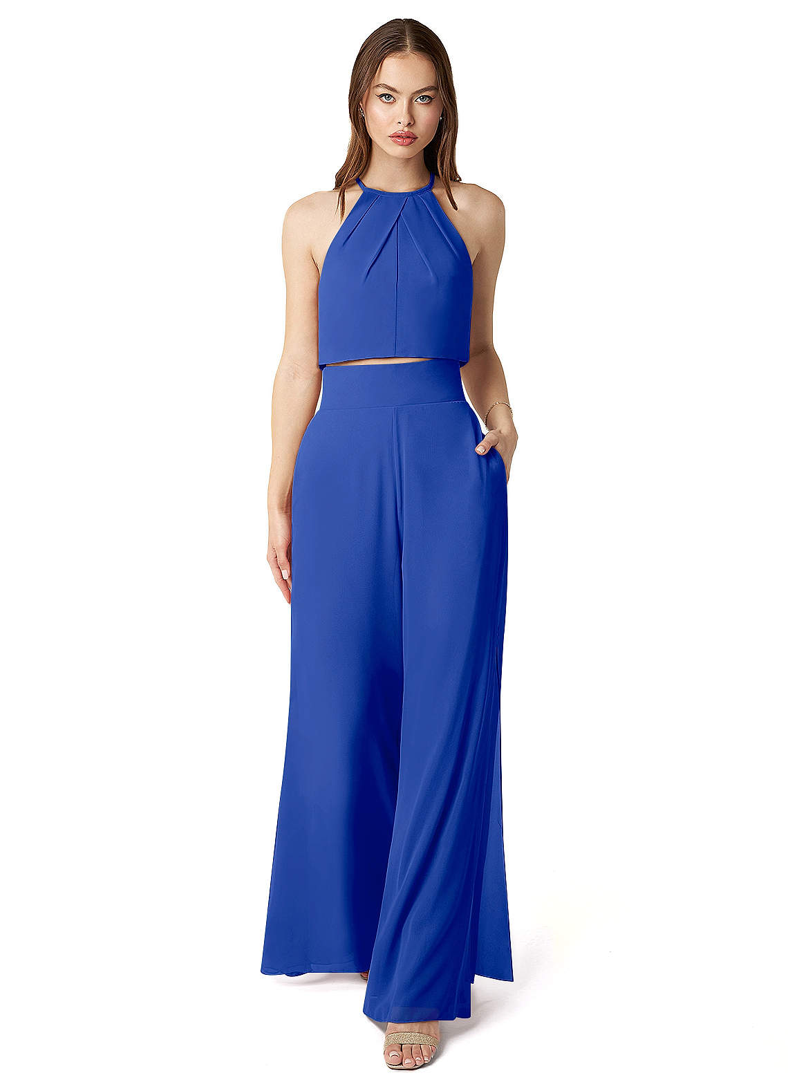 Azazie Kenzi Jurken voor bruidsmeisjes Jumpsuit van Chiffon Geplooid Koningsblauw image1