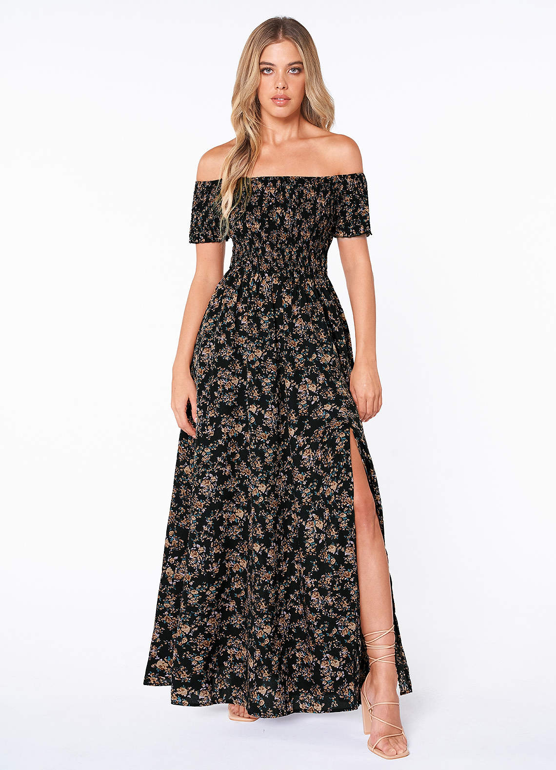 Black Davie Black Floral Print Off-The-Shoulder Smocked Maxi Dress