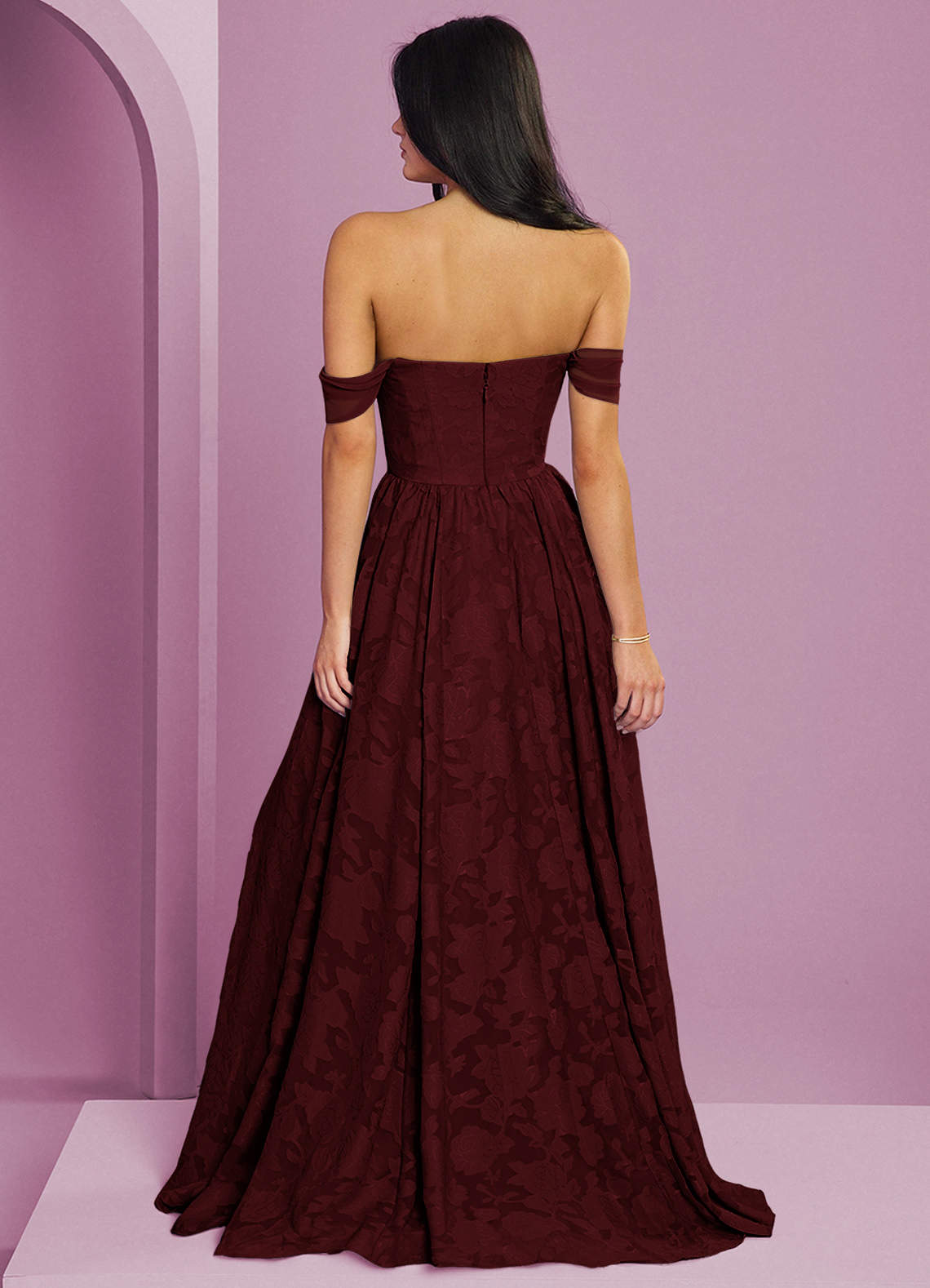 Barbie ♥ Azazie Bridesmaid Dresses Cabernet A-Line Off the Shoulder Floral Burnout Convertible Dress image1
