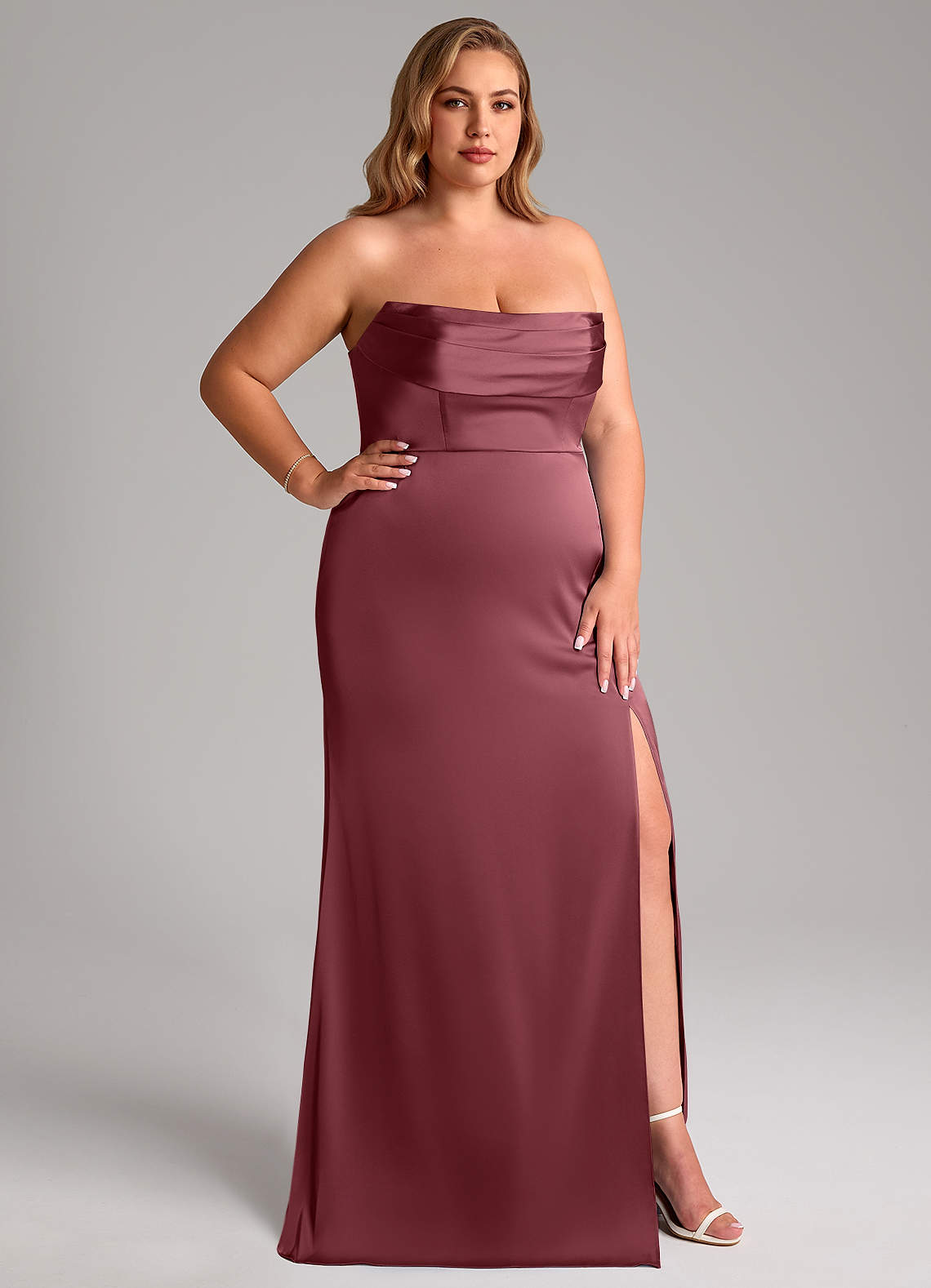 Azazie Saige Bridesmaid Dresses Desert Rose Sheath Off the Shoulder Stretch Satin Dress image17