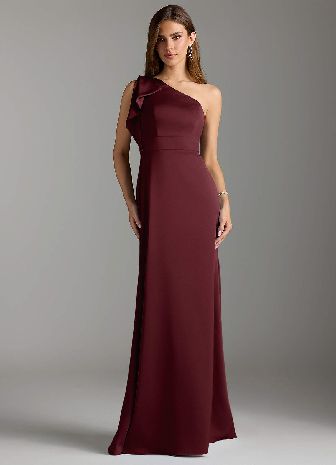 Azazie Rinna Bridesmaid Dresses Cabernet Mermaid Ruched Stretch Satin Dress image1