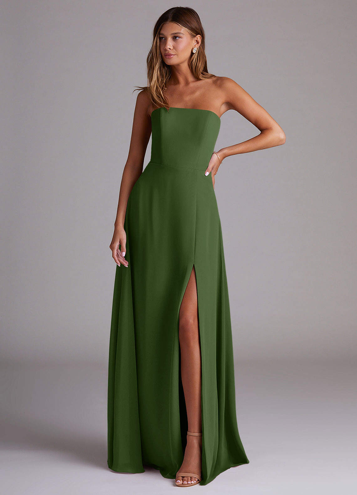 Azazie Wren Bridesmaid Dresses Olive A-Line Side Slit Chiffon Convertible Dress image1