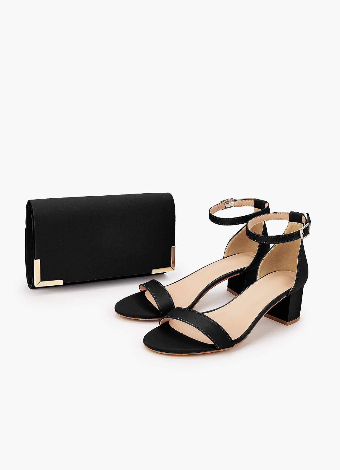 front Matching Color Matte Satin Block Heel Sandals & Envelope Clutch Set