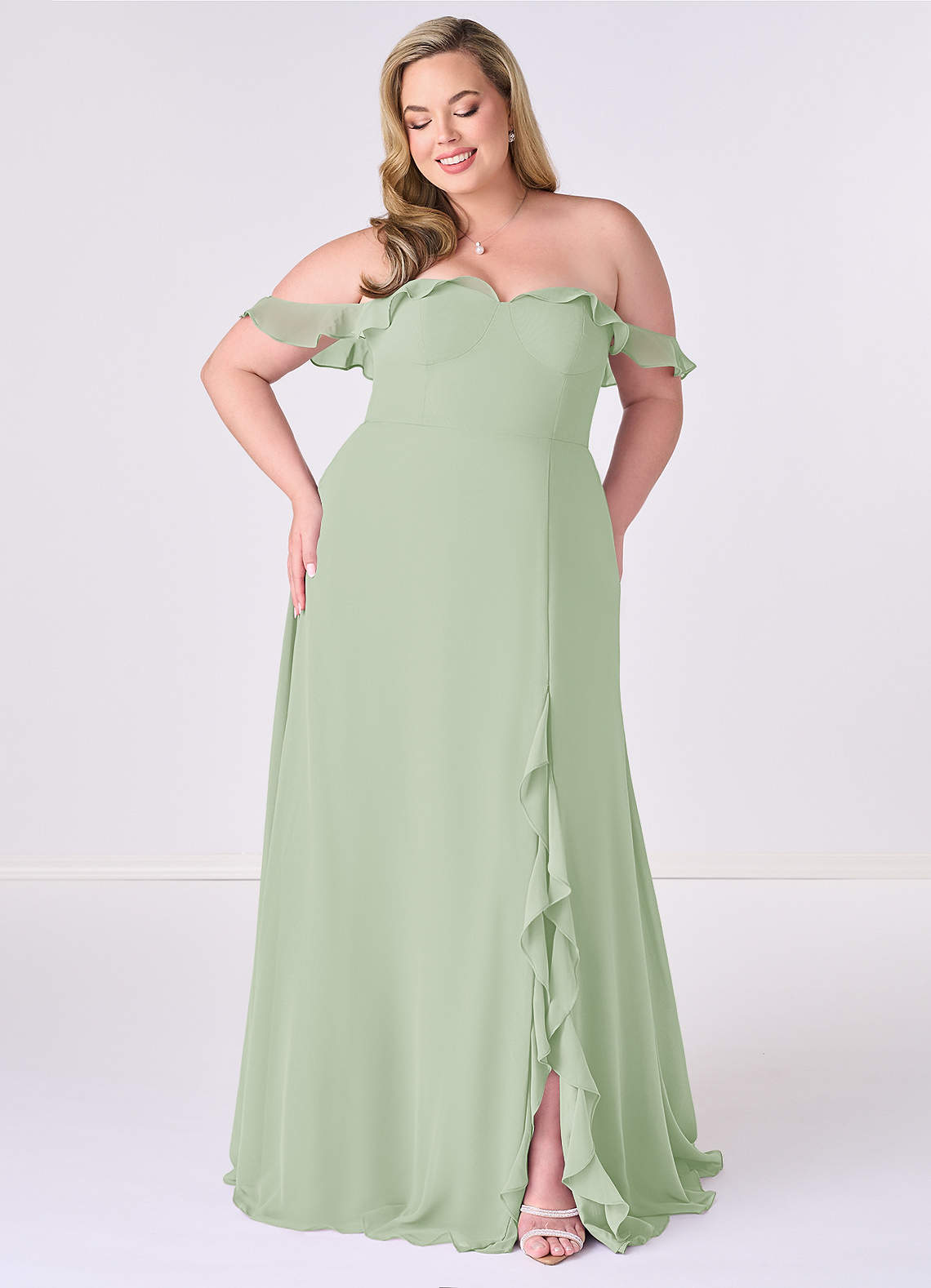 Barbie ♥ Azazie Jurken voor bruidsmeisjes Converteerbaar Jurk van Chiffon met A-Lijn Off the Shoulder Stoffige Salie image1