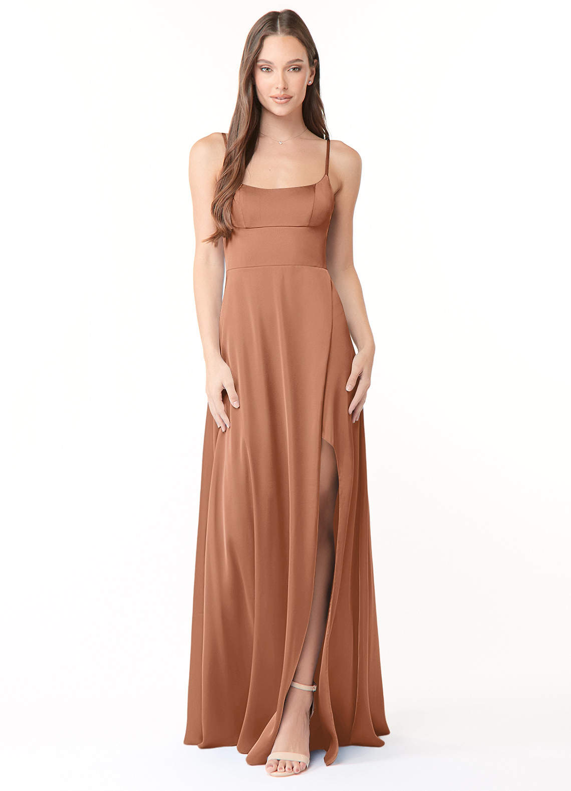 Azazie Halsey Bridesmaid Dresses Bronzer Sheath Side Slit Stretch Satin Dress image1