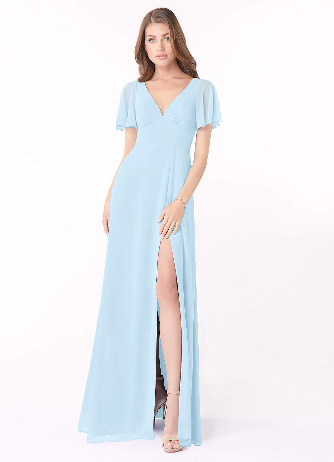 Azazie Kimber Bridesmaid Dresses Sky Blue A-Line Flounce Sleeve Chiffon Dress image3