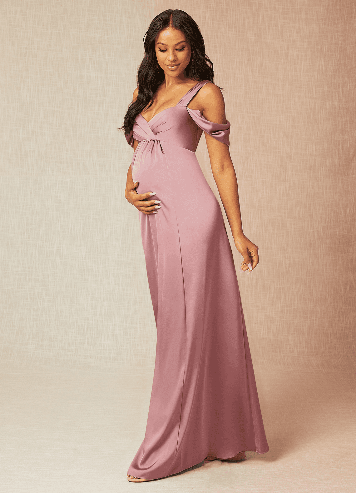 Azazie Rhea Maternity Bridesmaid Dresses A-Line Off-The-Shouler Pleated Stretch Satin Floor-Length Dress image2