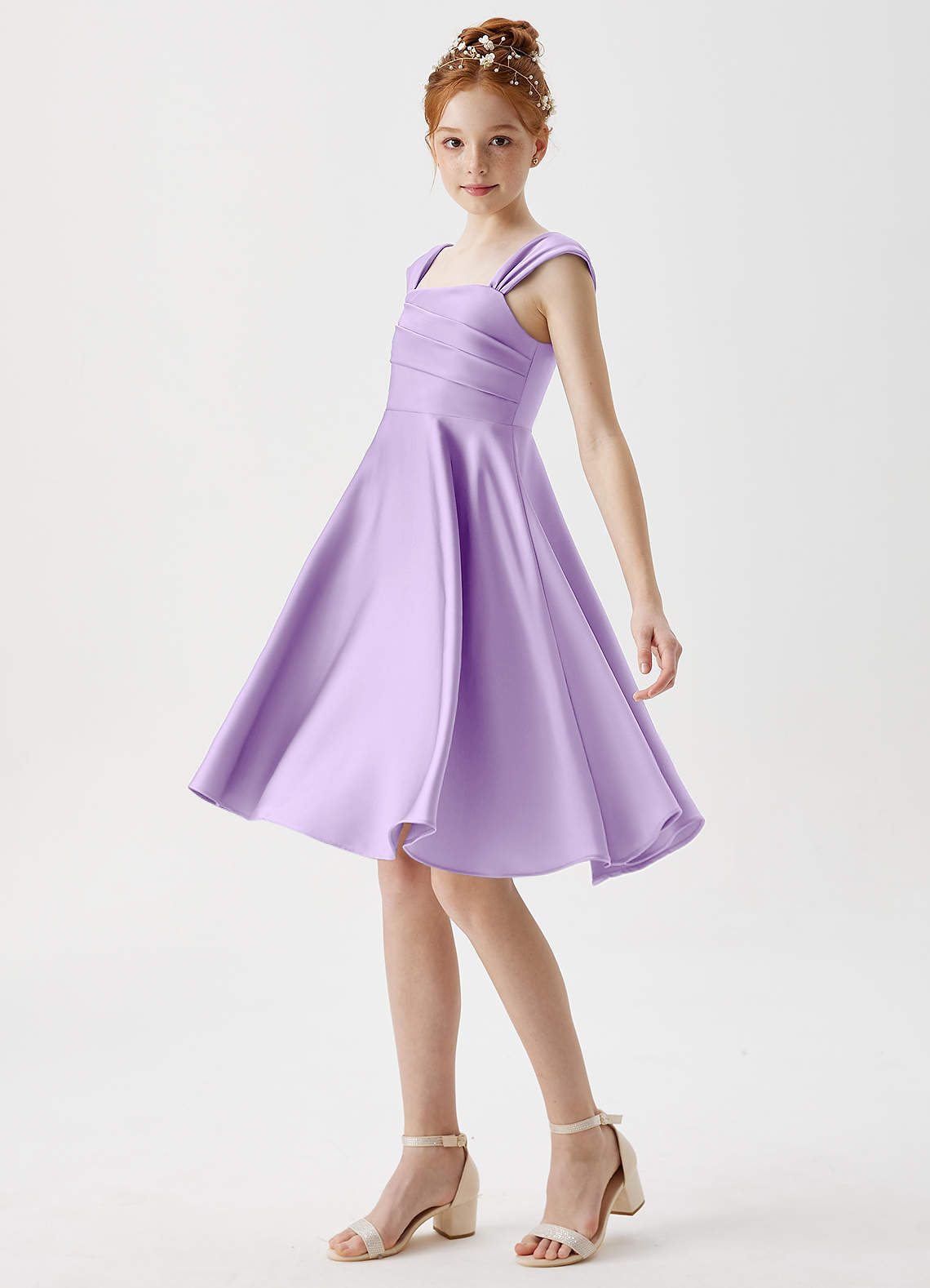 Azazie Amira Junior Lilac A-Line Pleated Stretch Satin Dress image3
