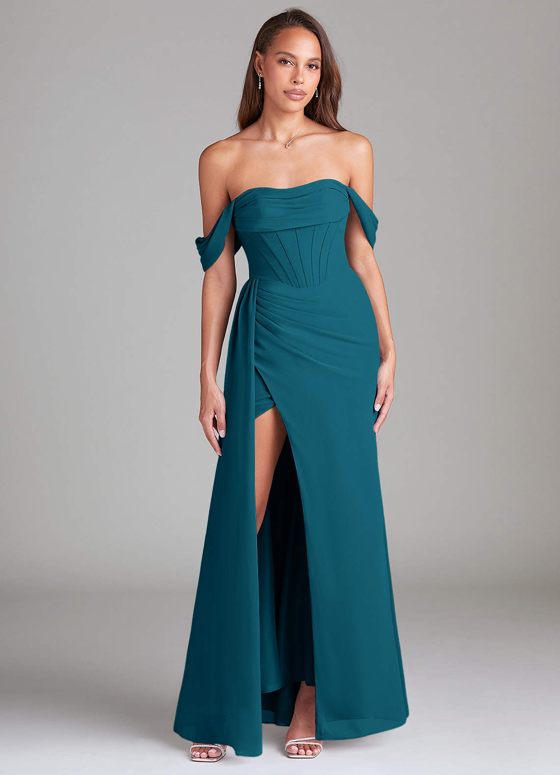 Azazie Amyra Bridesmaid Dresses Ink Blue Sheath Off the Shoulder Chiffon Convertible Dress image1