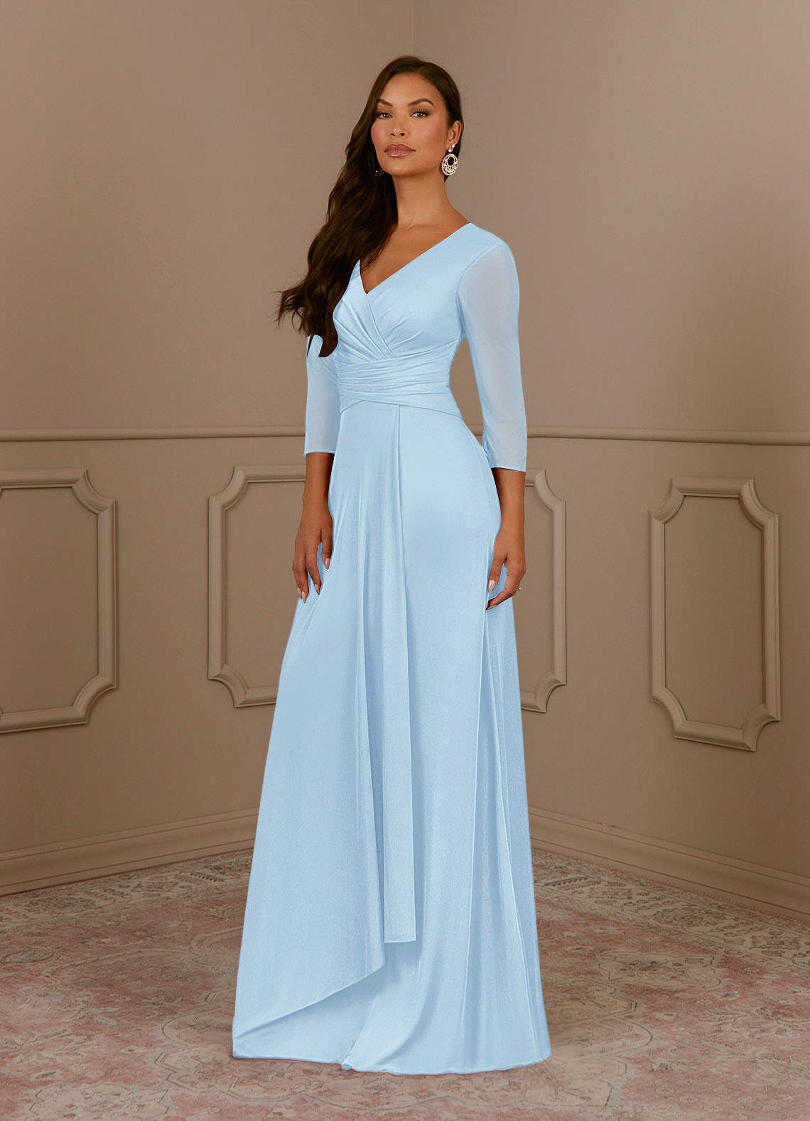 Azazie Annetta Abiti per la Madre della Sposa Abito A-Line in Maglia Plissettao con Scollo a V Azzurro image1
