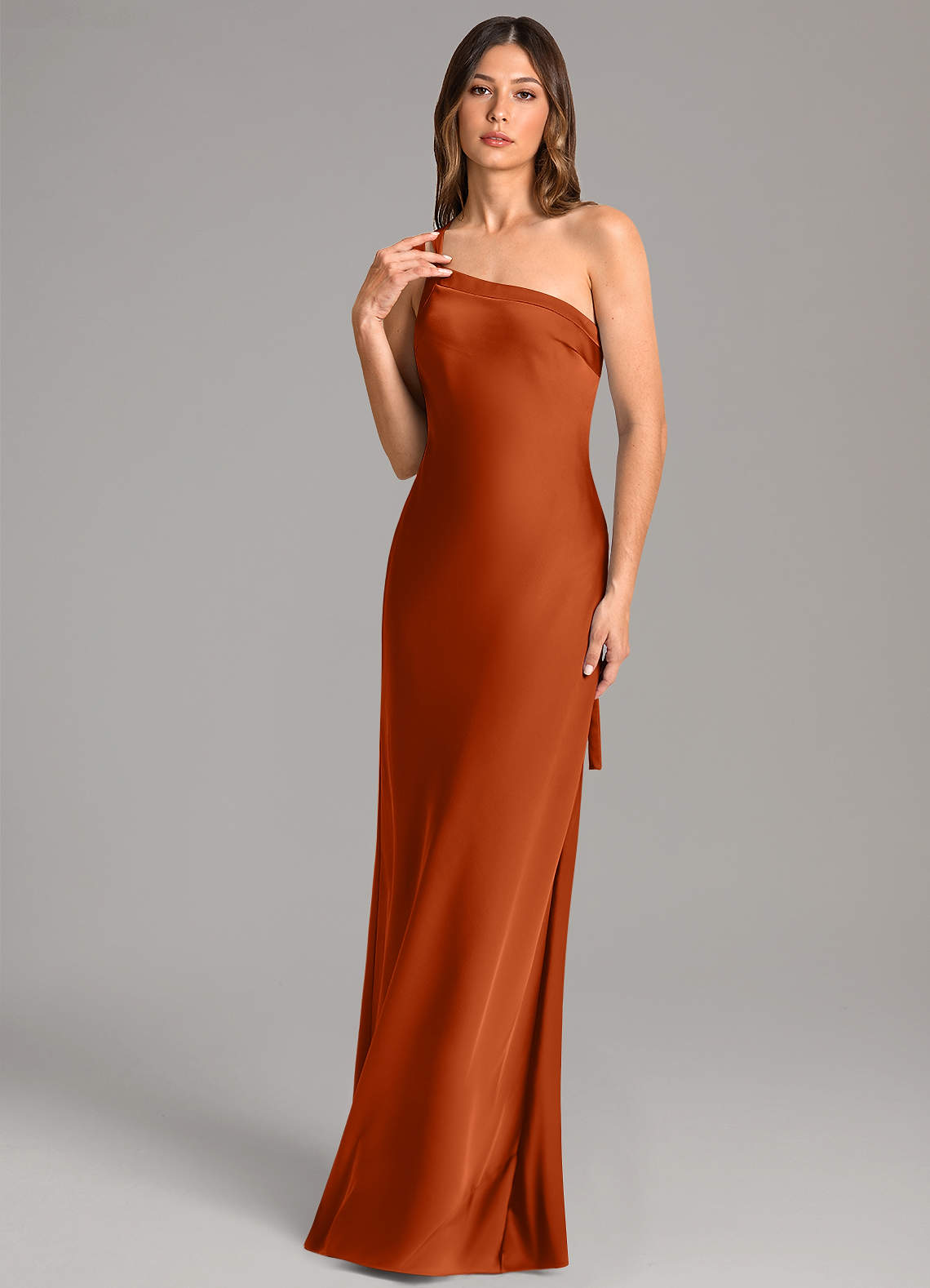 Azazie Monroe Bridesmaid Dresses Burnt Orange Mermaid One Shoulder Stretch Satin Dress image1