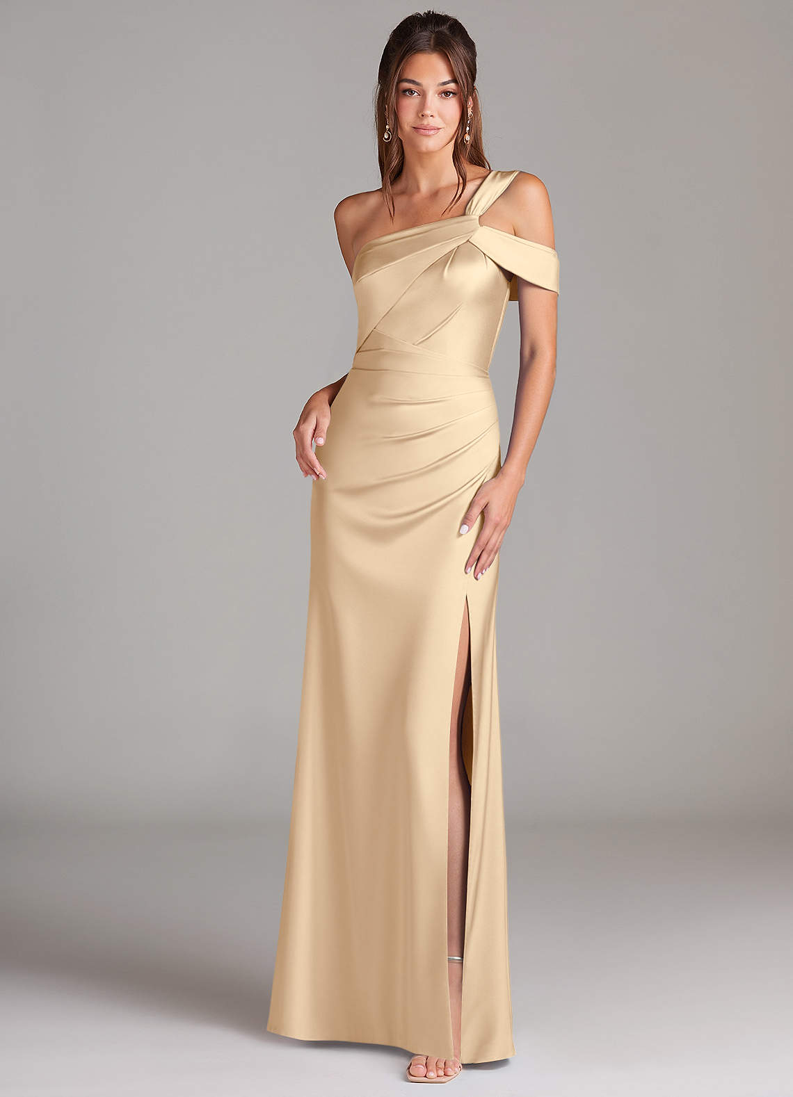 Azazie Wynter Bridesmaid Dresses Champagne Sheath Off the Shoulder Stretch Satin Dress image1
