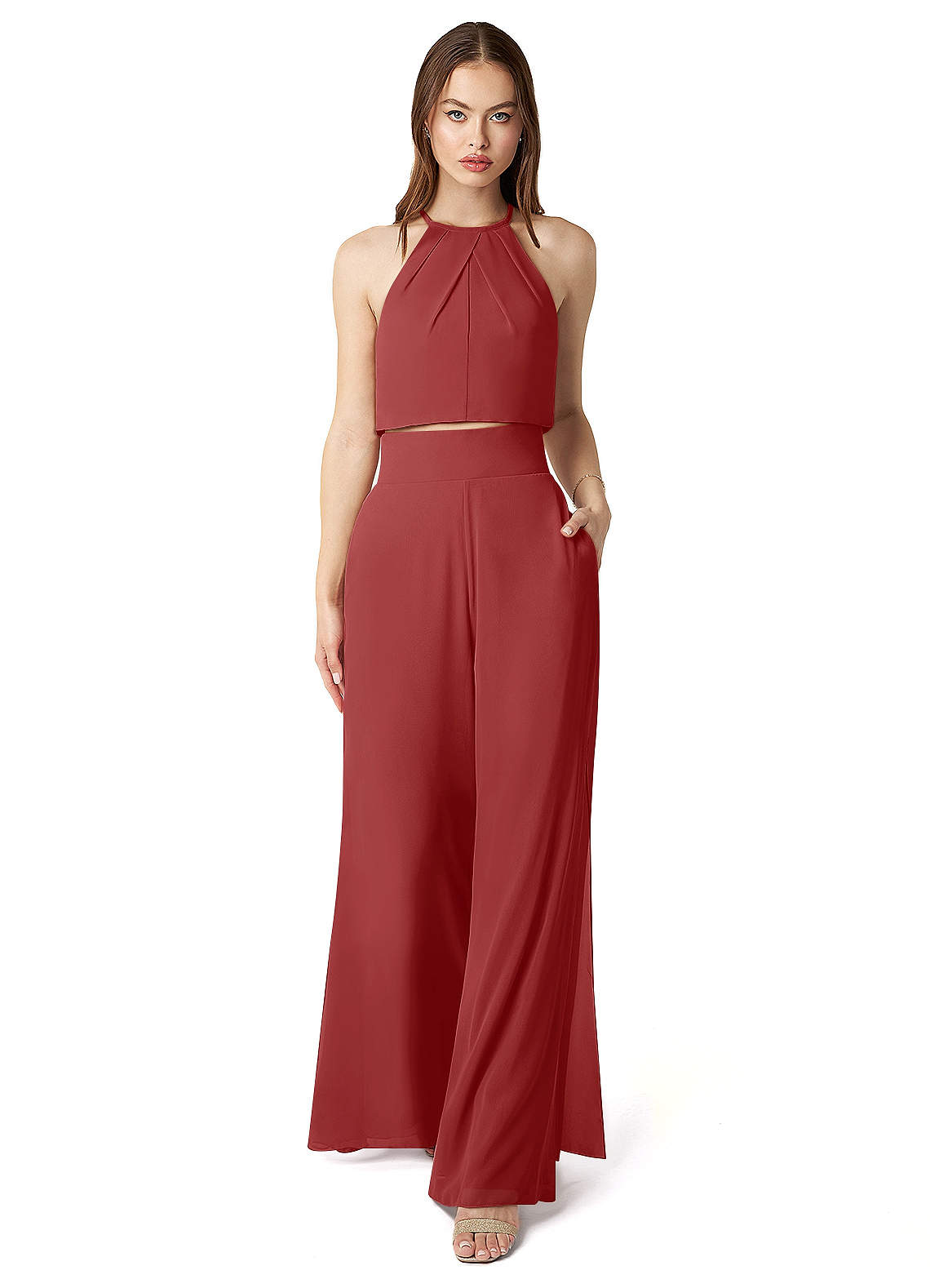 Azazie Kenzi Jurken voor bruidsmeisjes Jumpsuit van Chiffon Geplooid Roest image1