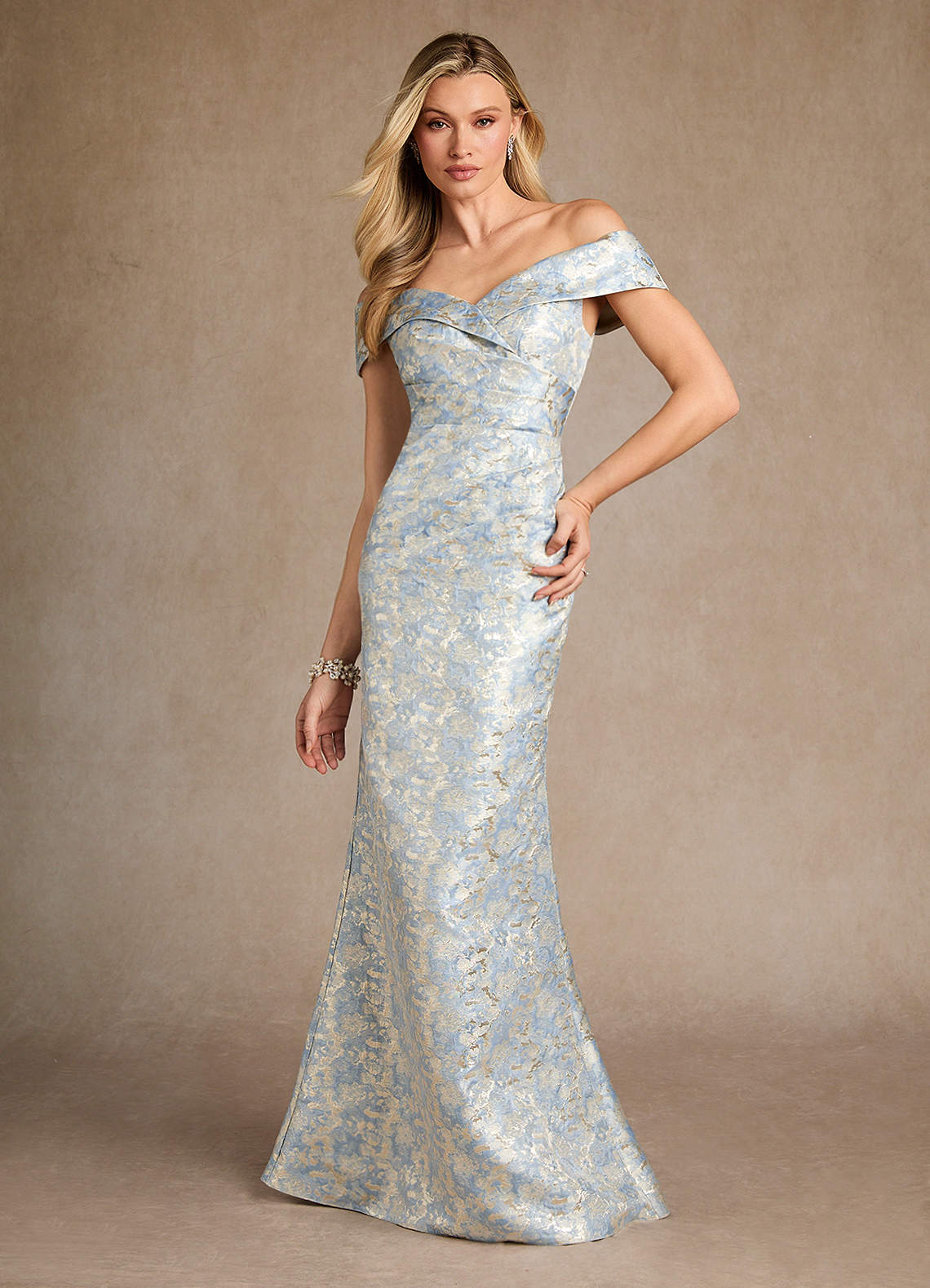 Azazie Canton Mother of the Bride Dresses Dusty Blue Mermaid Off the Shoulder Jacquard Dress image2