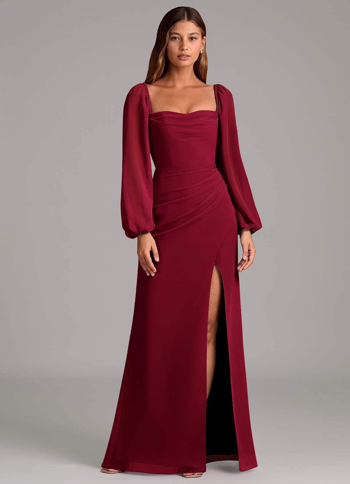 mermaid burgundy bridesmaid dresses V Neck Mermaid Burgundy Satin Long Bridesmaid Dress With Side Split, M –  morievent main image 1