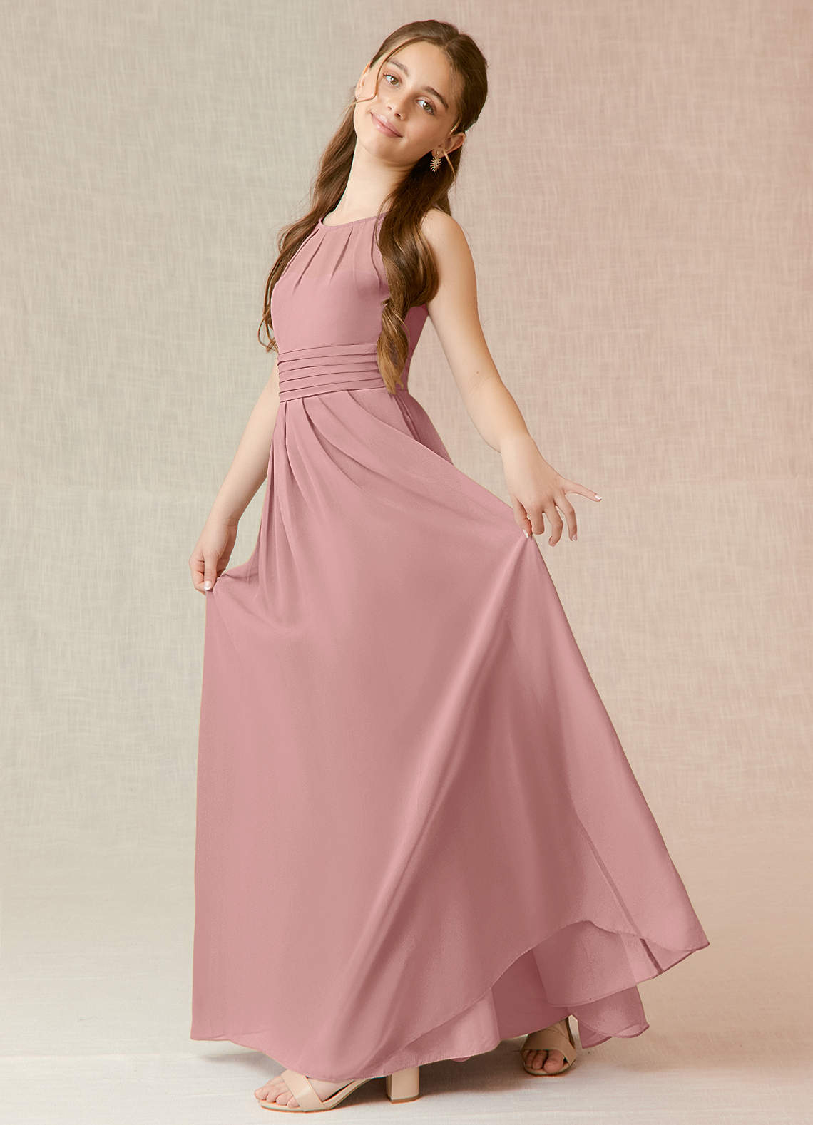 Azazie Bibiane Junior Dusty Rose A-Line Pleated Chiffon Dress image2
