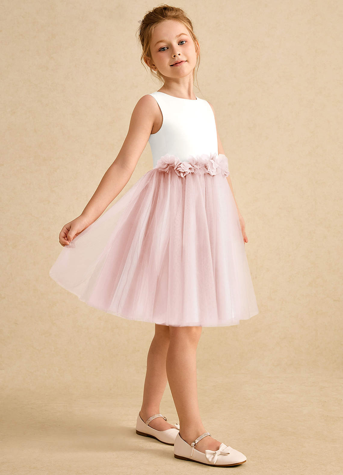 Azazie Louisa Vestidos de florista Vestido Marfim Rosa Corado de Tule de Linha A com Sem mangas image4