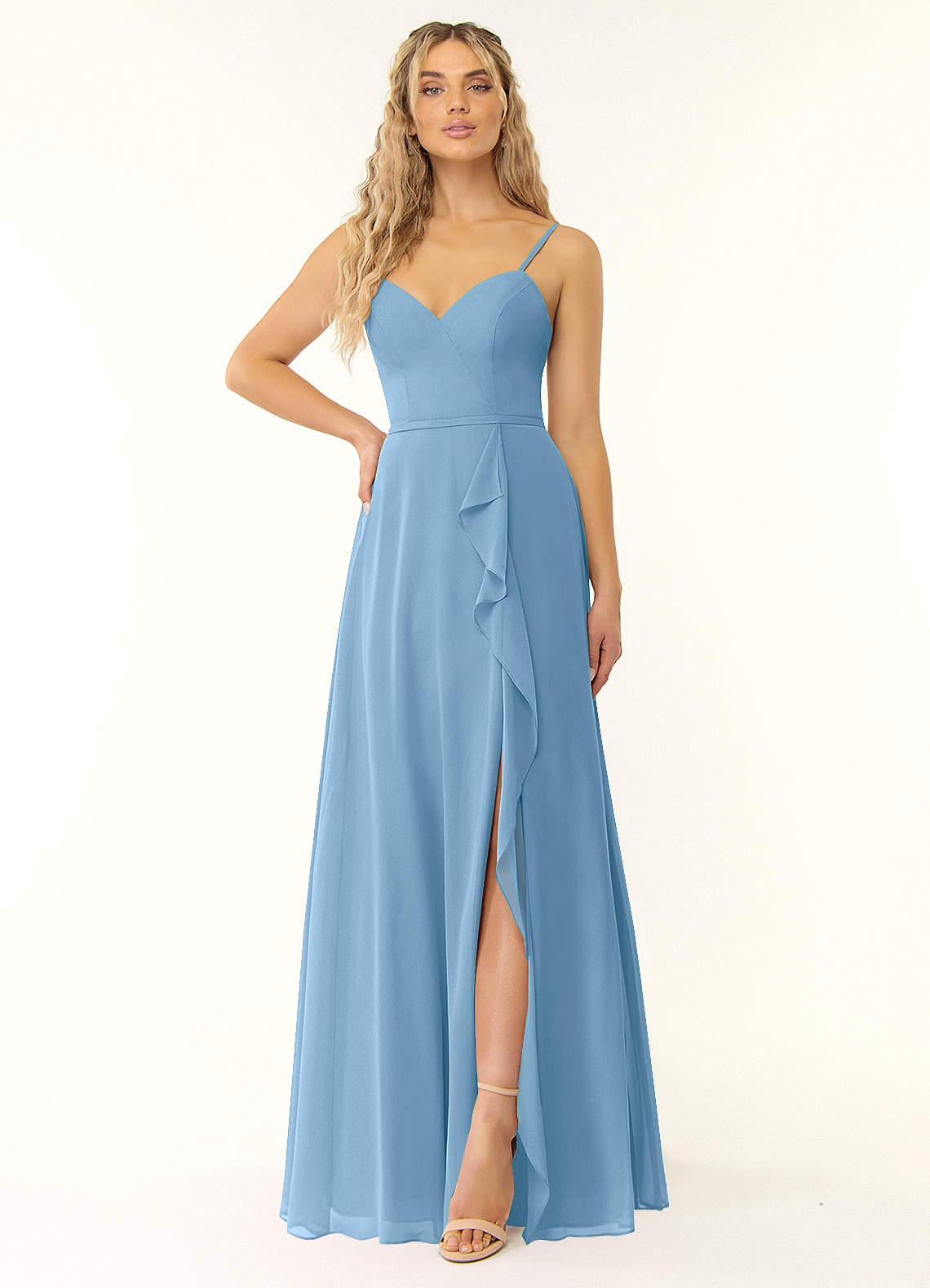 Azazie Naeem Bridesmaid Dresses Steel Blue A-Line V-Neck Ruffle Chiffon Dress image1