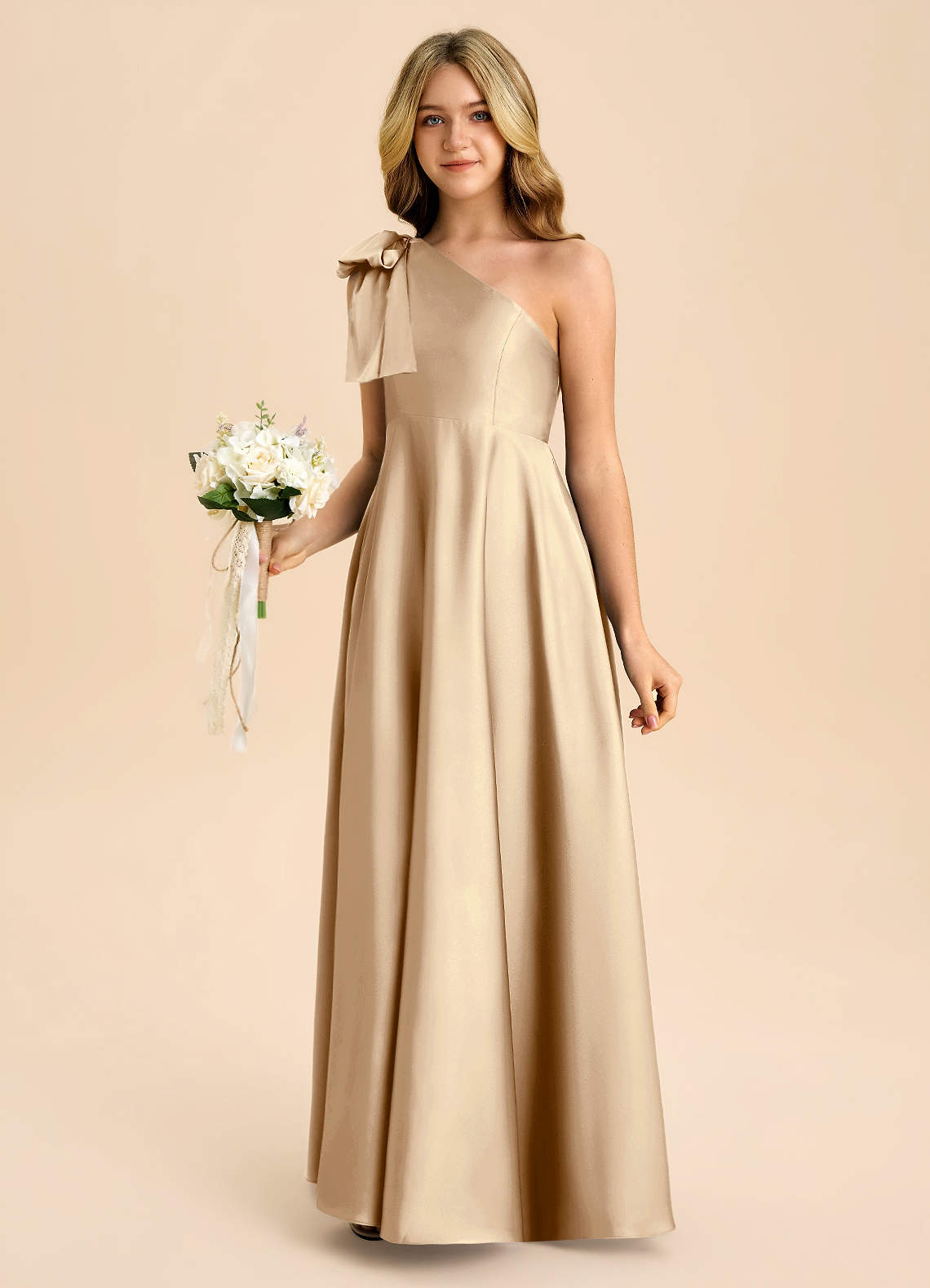 Azazie Penguin Junior Abito A-Line in Raso Elasticizzato Fiocco Champagne image4