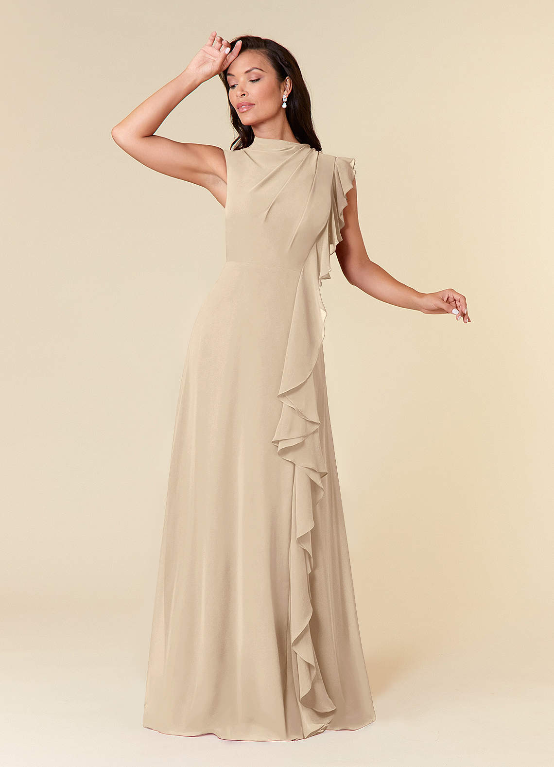 Azazie Narine Mother of the Bride Dresses Champagne A-Line High Neckline Pleated Chiffon Dress image1