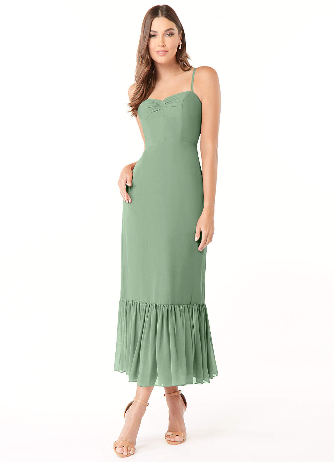 Azazie Justina Vestidos de damas de honor Vestido de Matcha de Gasa de Corte en A con Escote de Corazón image1