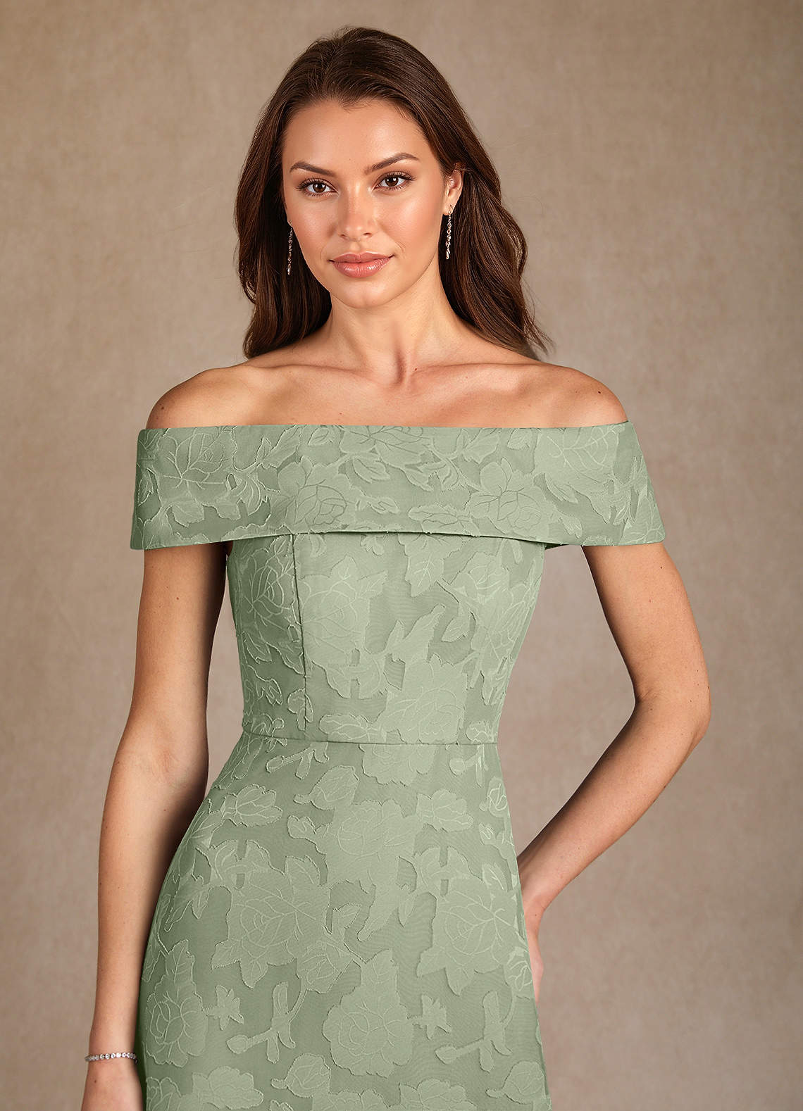 Azazie Medford Mother of the Bride Dresses Dusty Sage A-Line Off the Shoulder Floral Burnout Dress image5