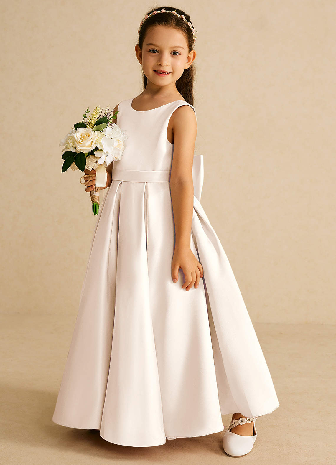 Azazie Pipsy Flower Girl Dresses White Alabaster A-Line Bow Matte Satin Dress image1