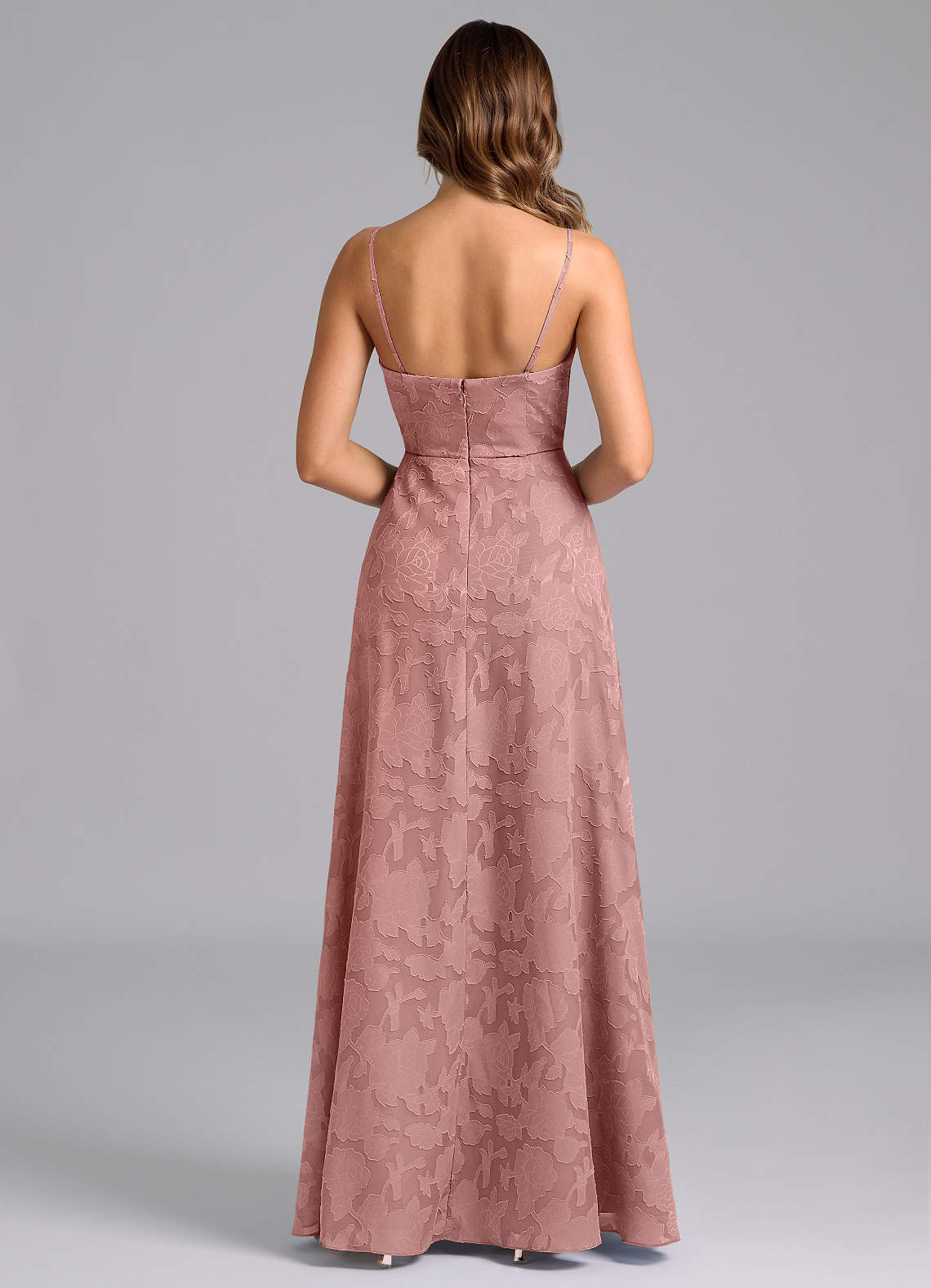 Azazie Wren At-home Try On Dresses Dusty Rose A-Line Strapless Floral Burnout Dress image5