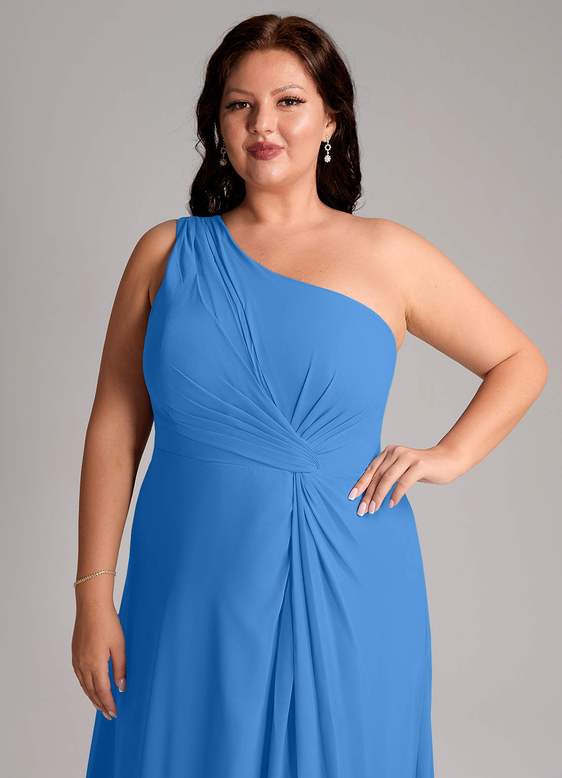 Azazie Brooke Vestidos de damas de honor Vestido de Azul Grisaceo de Gasa de Corte en A con Hombro unilateral image13