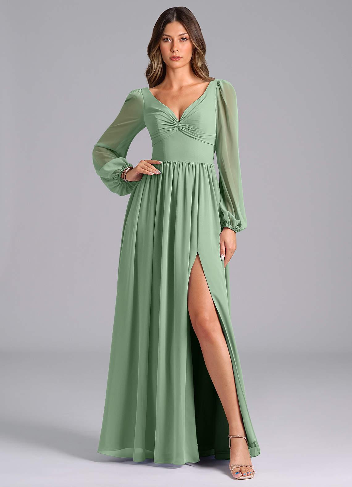 Azazie Zeya Bridesmaid Dresses Matcha A-Line Long Sleeve Chiffon Dress image1