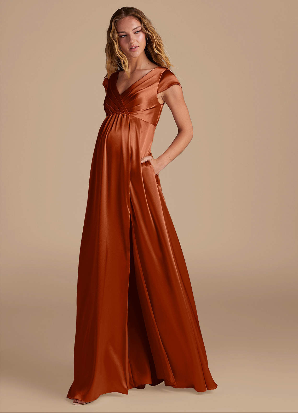 Azazie Allessia At-home Try On Dresses A-Line Metallic Satin Floor-Length Dress image2