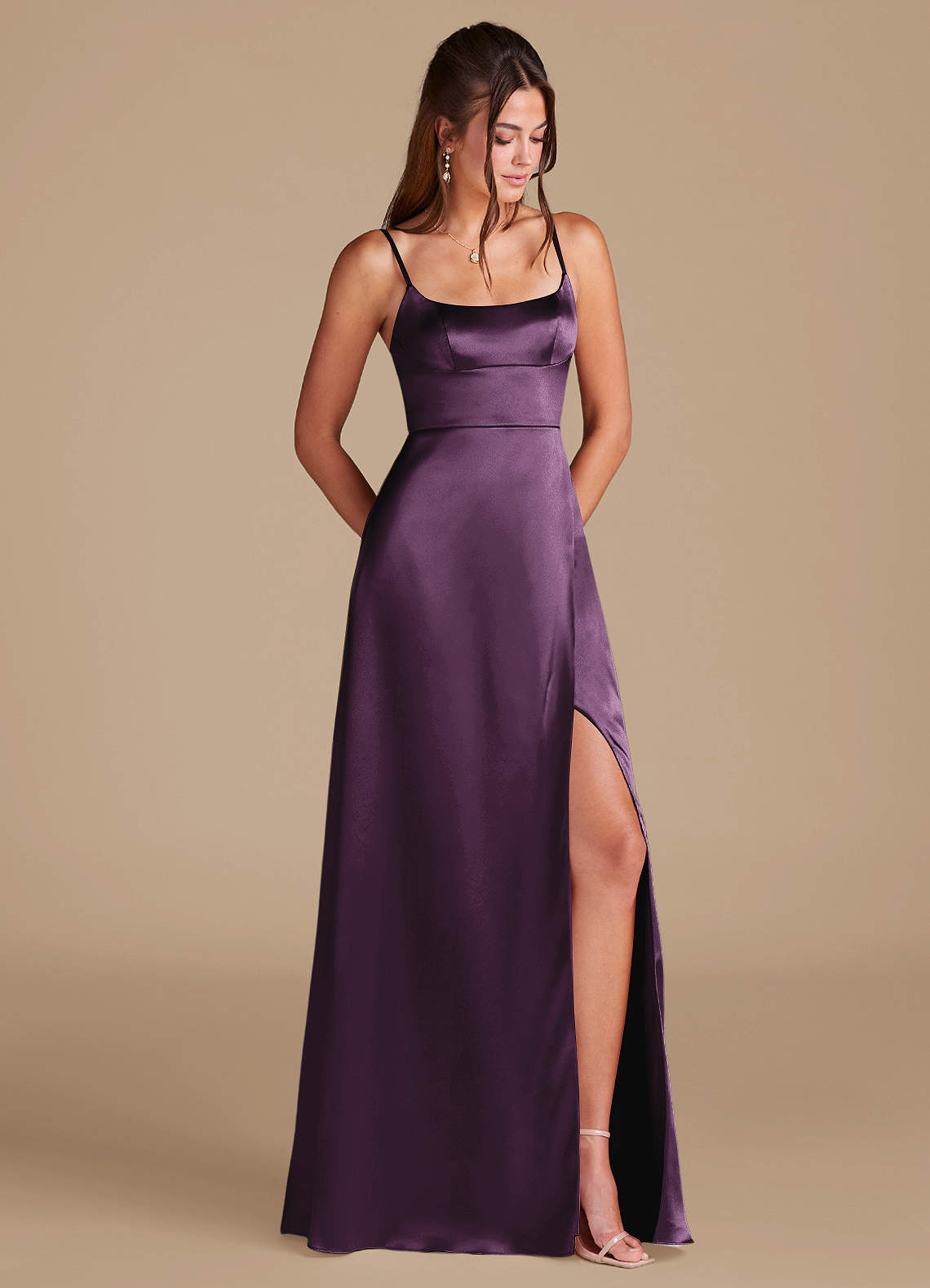 Azazie Halsey Bridesmaid Dresses Plum A-Line Side Slit Metallic Satin Dress image1