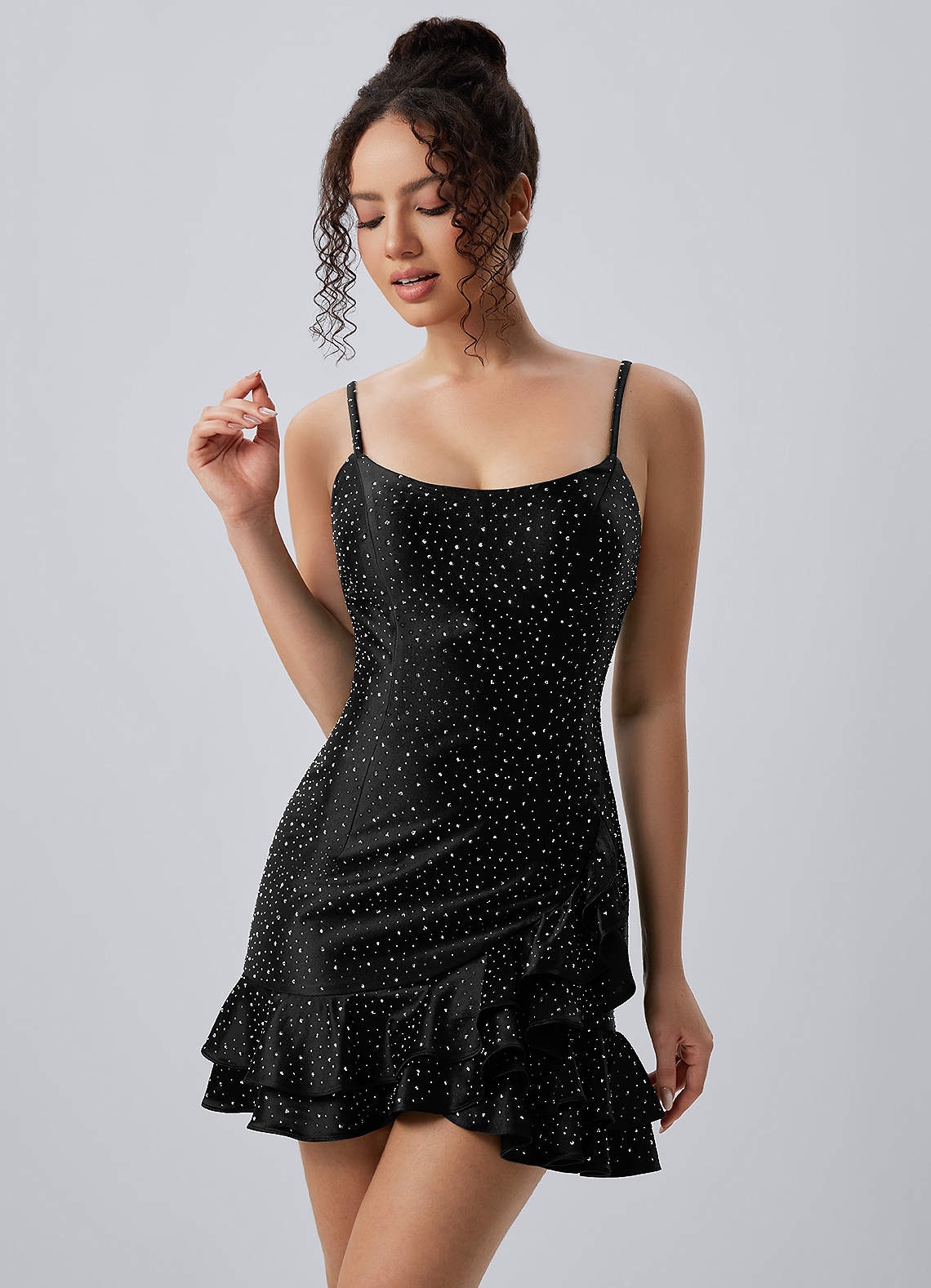 black mini dress with diamond straps Katerina Spaghetti Strap Satin Rhinestone Ruffle Lace-Up Pleated A-Line Midi Dress Summer 25 Its a great choice Brand Name:ZARA