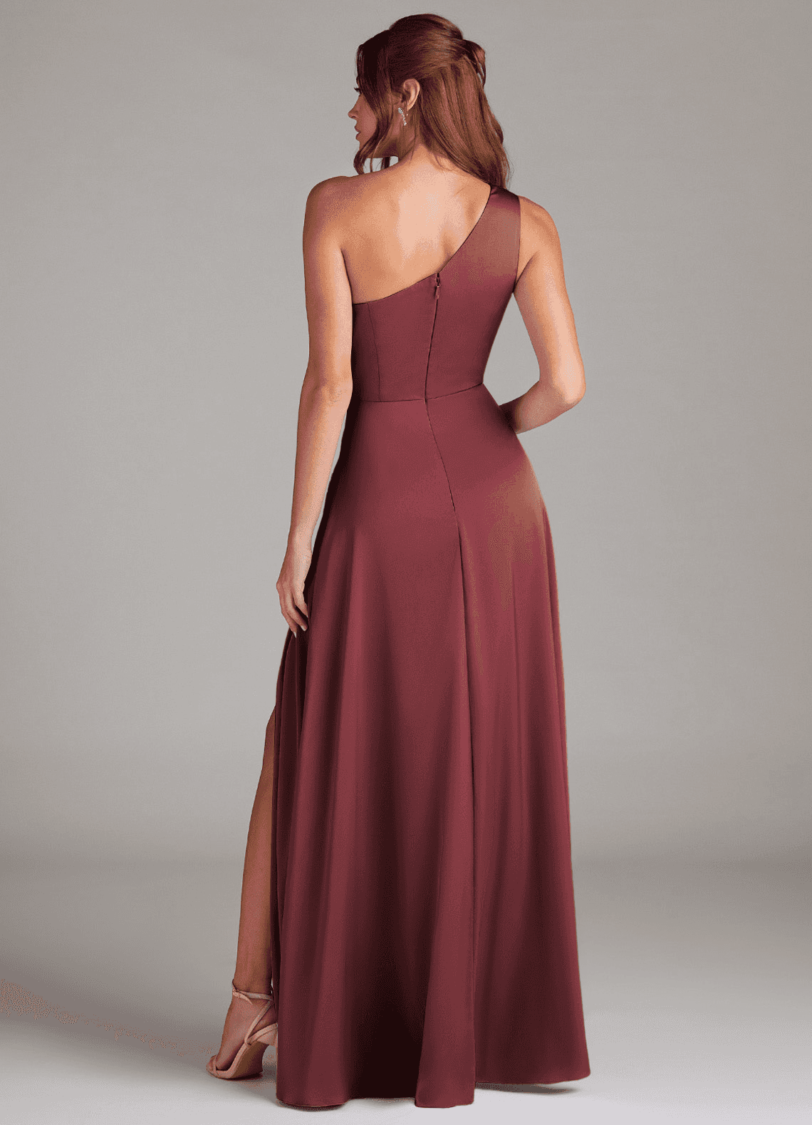 Azazie Brooke Bridesmaid Dresses Merlot A-Line One Shoulder Stretch Satin Dress image6