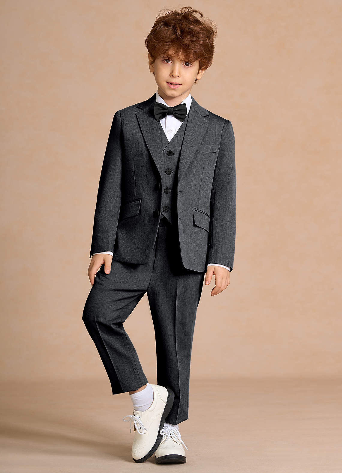 front Oliver Charcoal Boys 5-Piece Suit With Bow Tie