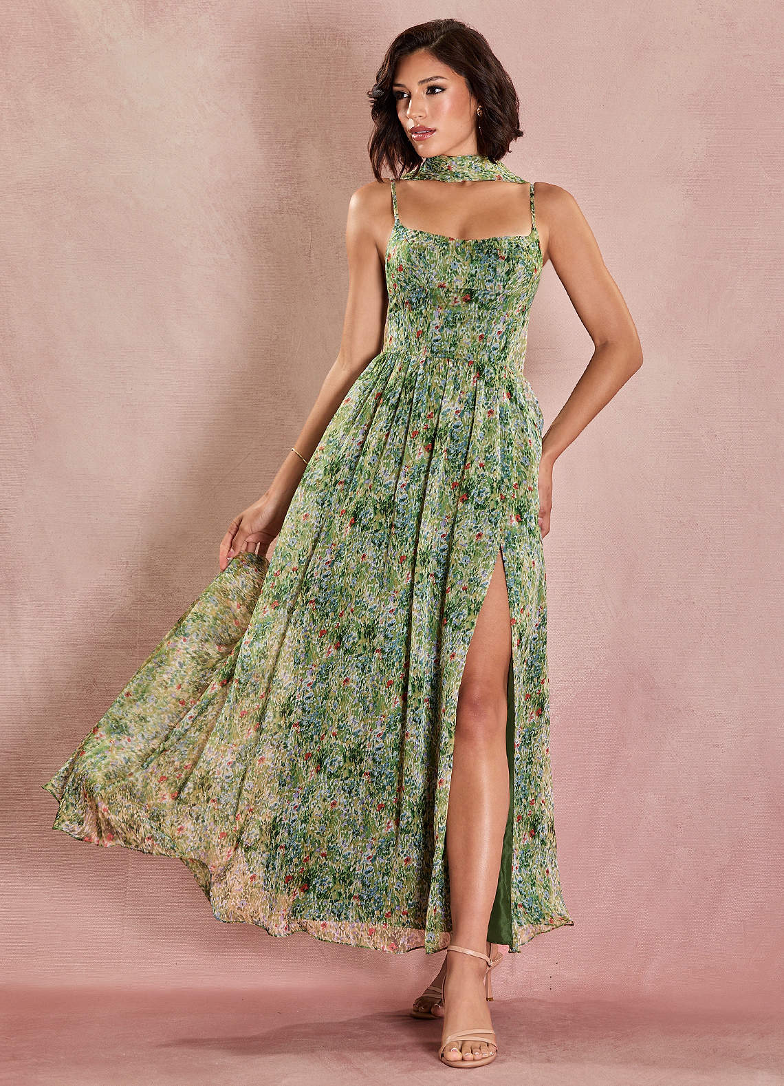 Azazie V Neck A-Line Maxi Wedding Guest Dresses in Green Floral