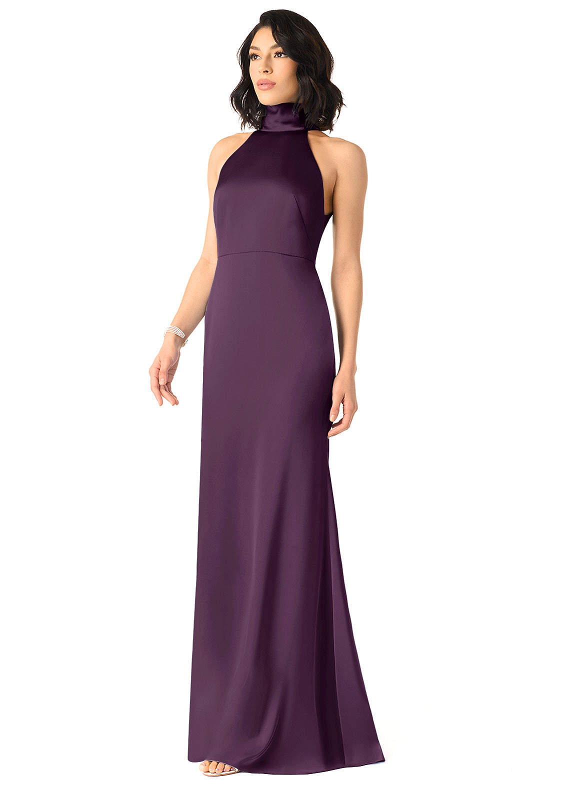 Azazie Sheath Halter Neck Floor-Length Stretch Satin Bridesmaid Dresses - Plum Azazie x Delaney Dress Plum Bridesmaid Dresses | Azazie