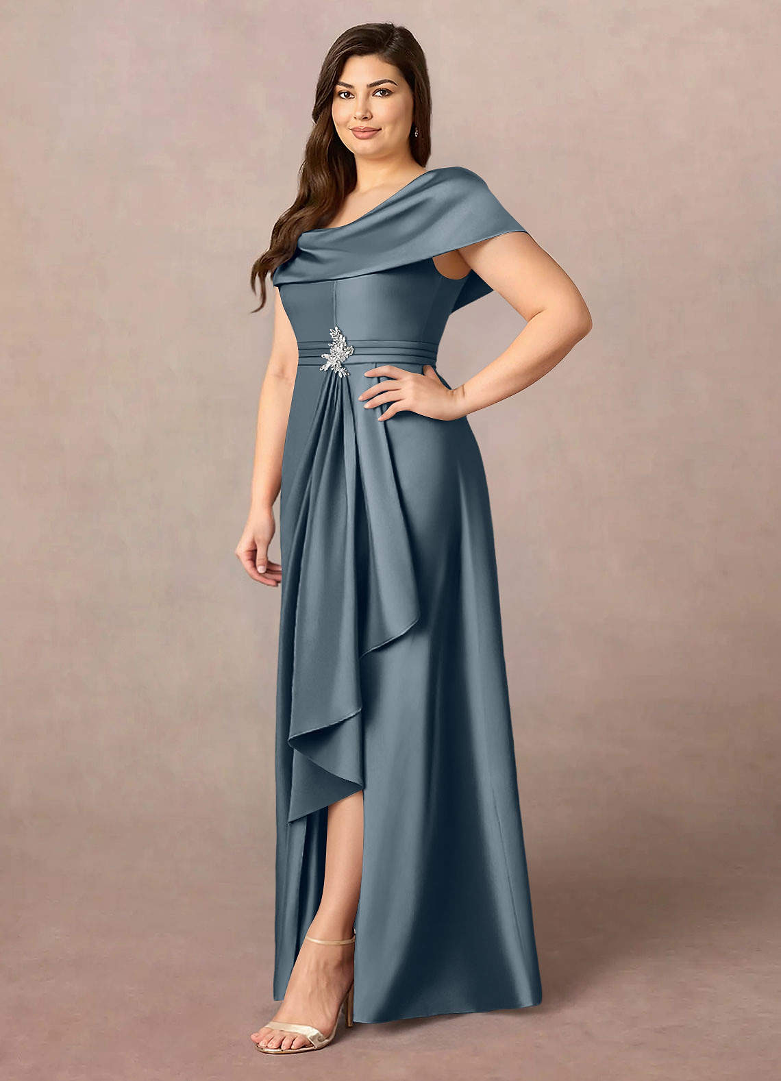 Azazie Branford Mother of the Bride Dresses Twilight A-Line Pleated Stretch Satin Dress image10