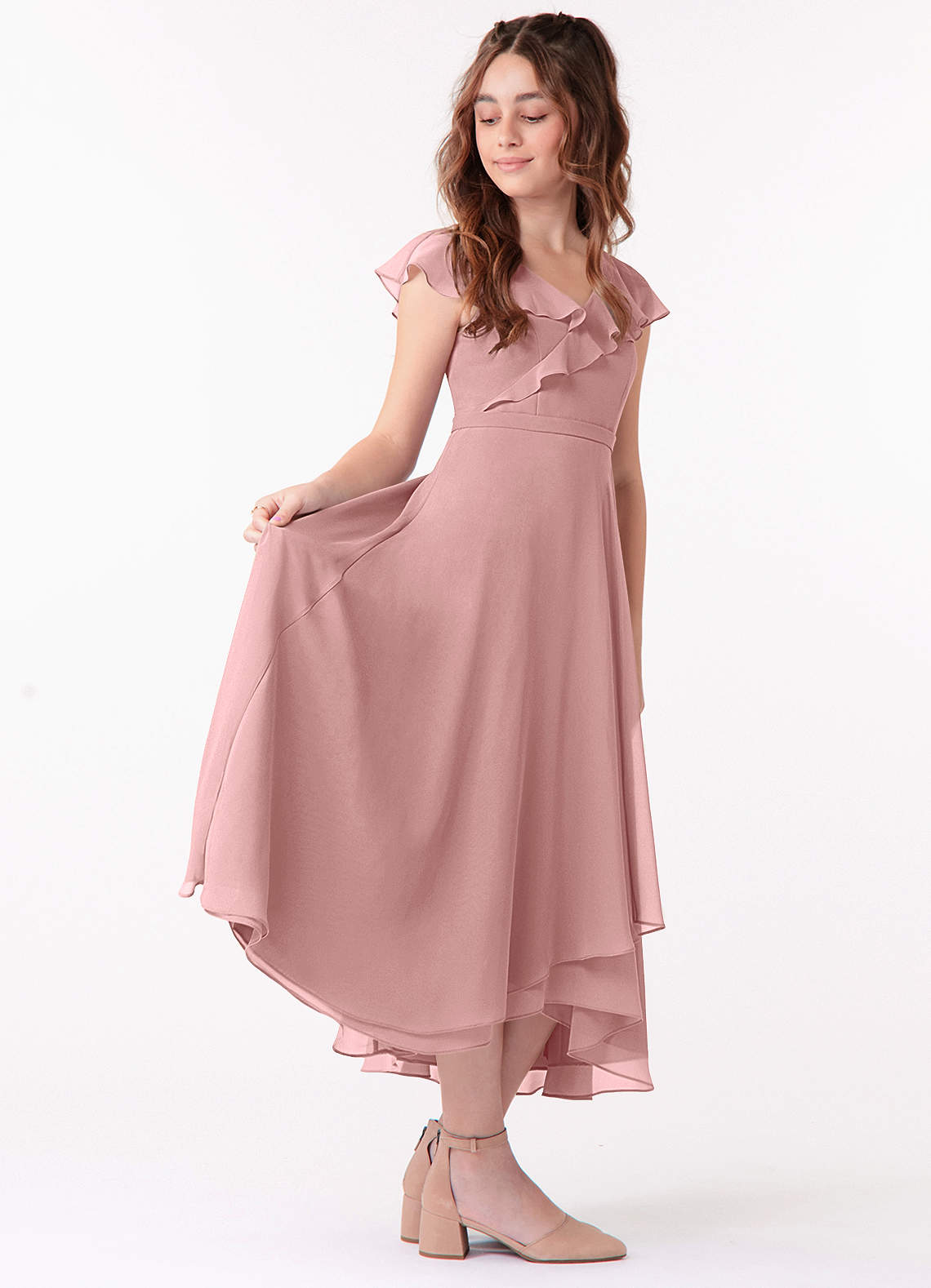 Azazie Posie Junior A-Linie Gestreift Chiffon Kleid Altrosa image2