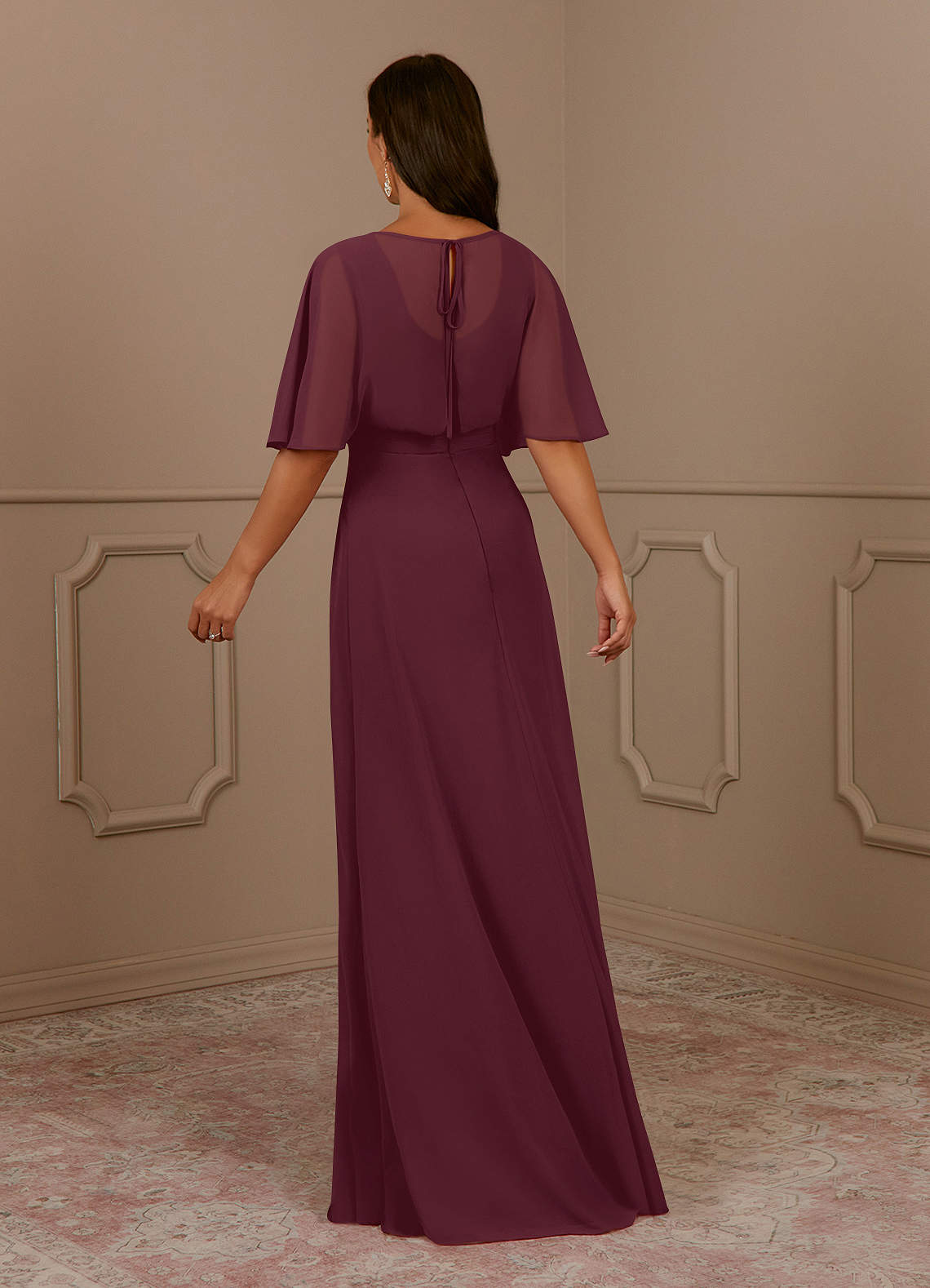 Azazie Oksana Cabernet A-Line V-Neck Pleated Chiffon Dress