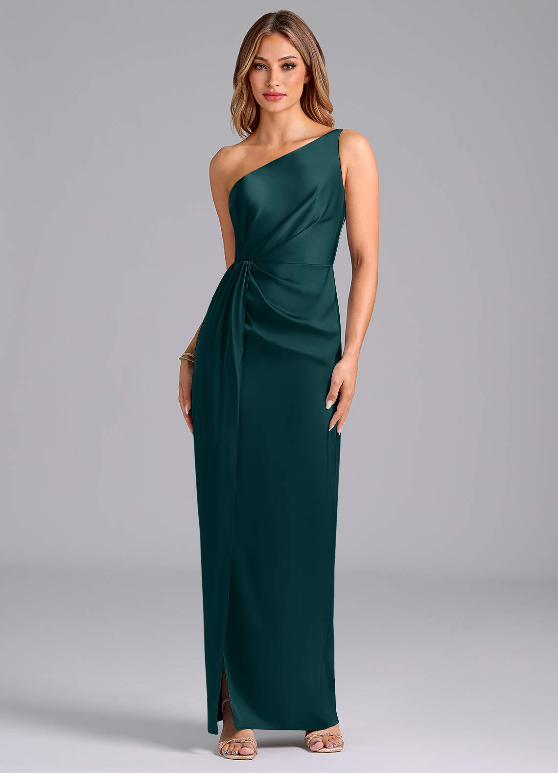 Azazie Naria Jurken voor bruidsmeisjes Jurk van Stretch Satijn met Kolom One-Shoulder Pijnboom image1