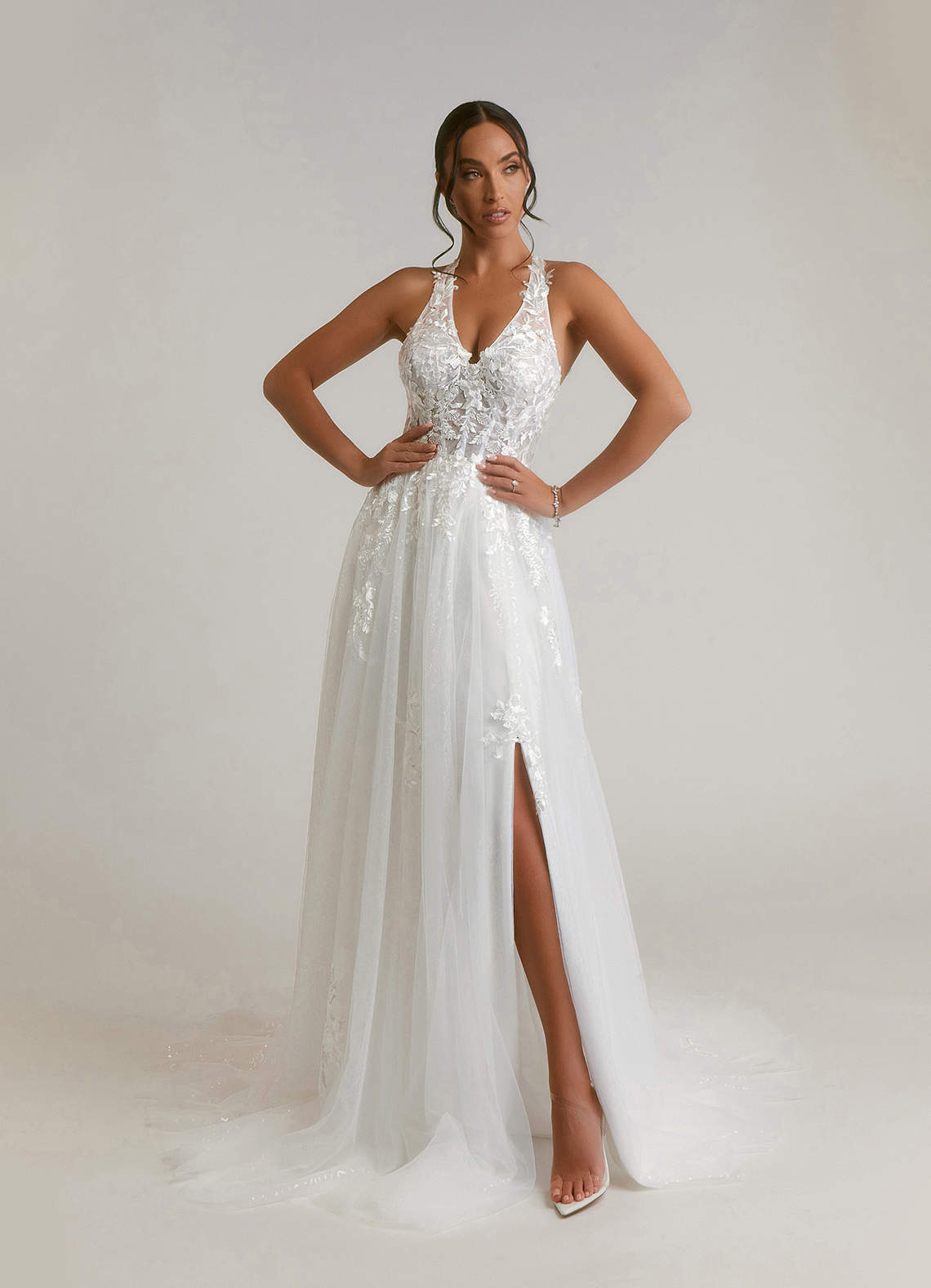 Azazie Dysis Wedding Dresses Diamond White A-Line Halter Sequins Tulle Dress image1