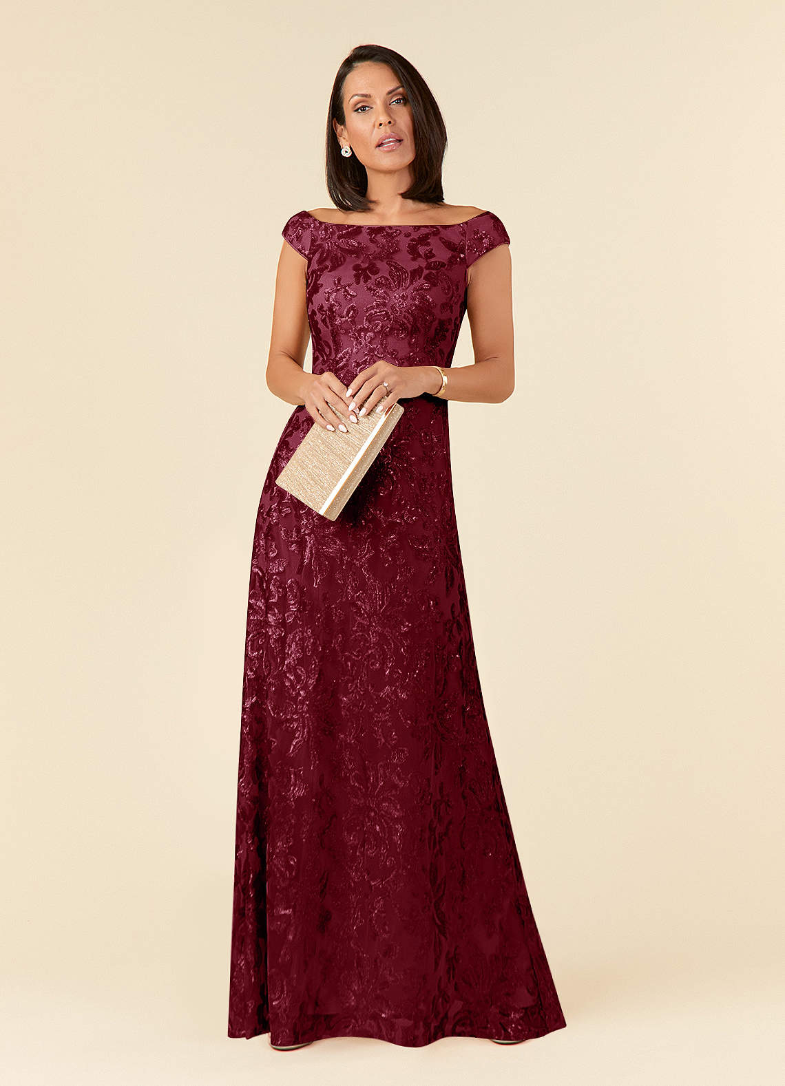 Azazie Porcelain Mother of the Bride Dresses Burgundy A-Line Off the Shoulder Lace Dress image2