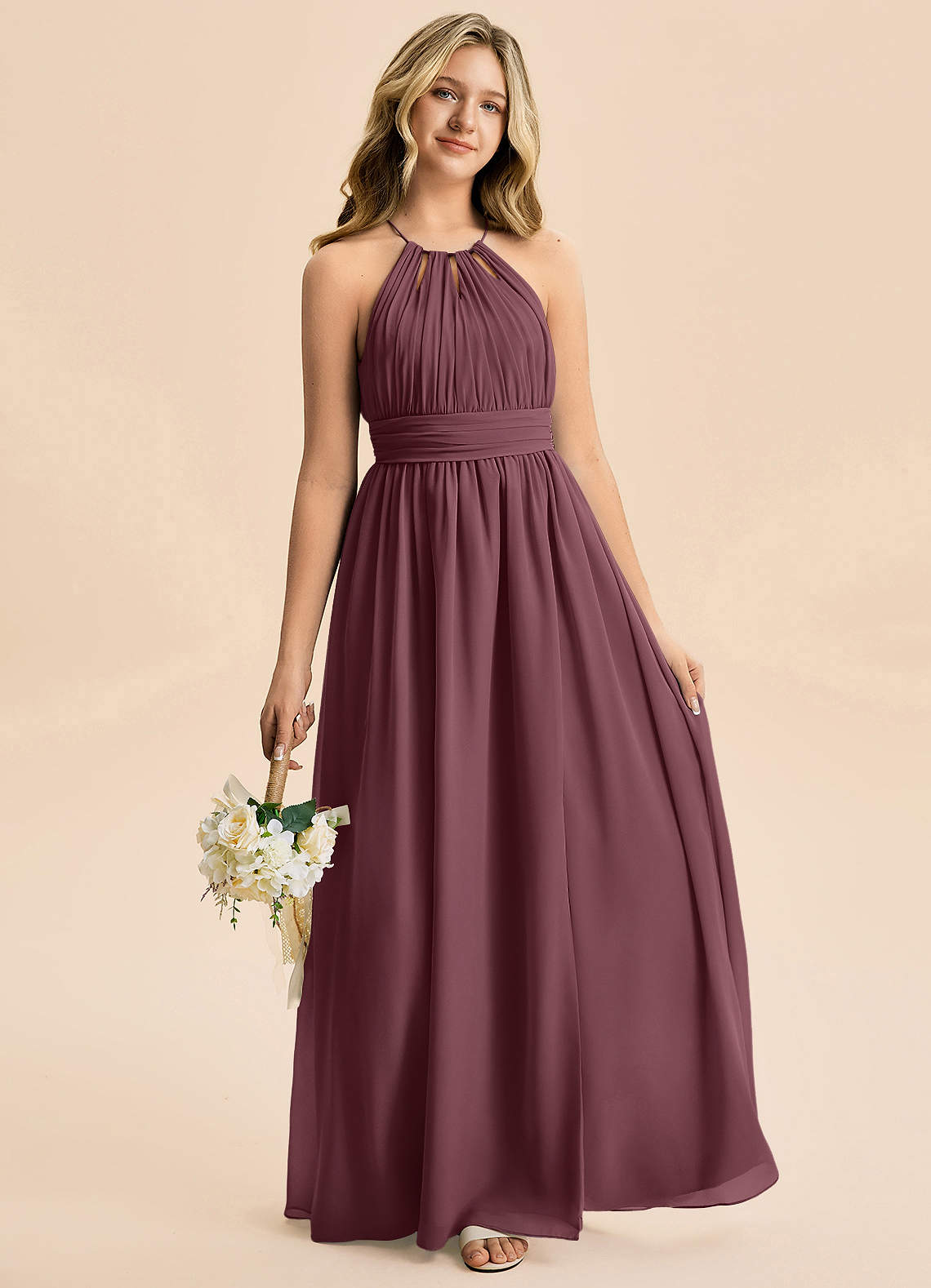 Azazie Noelle Junior Vestido Sangria de Chiffon de Linha A com Plissado image3
