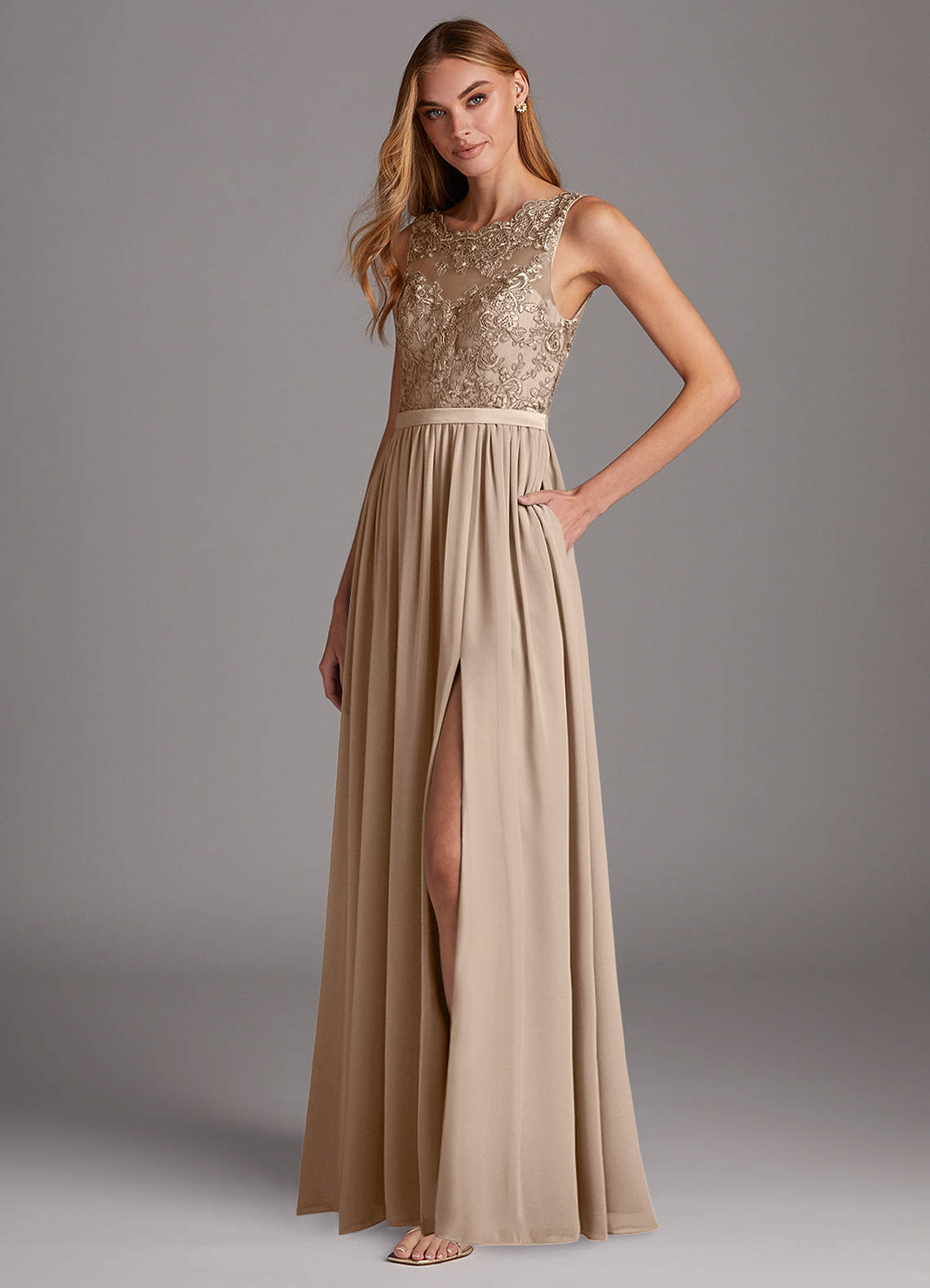 Azazie Elly Bridesmaid Dresses Taupe A-Line Lace Scoop Neck Chiffon Dress image1