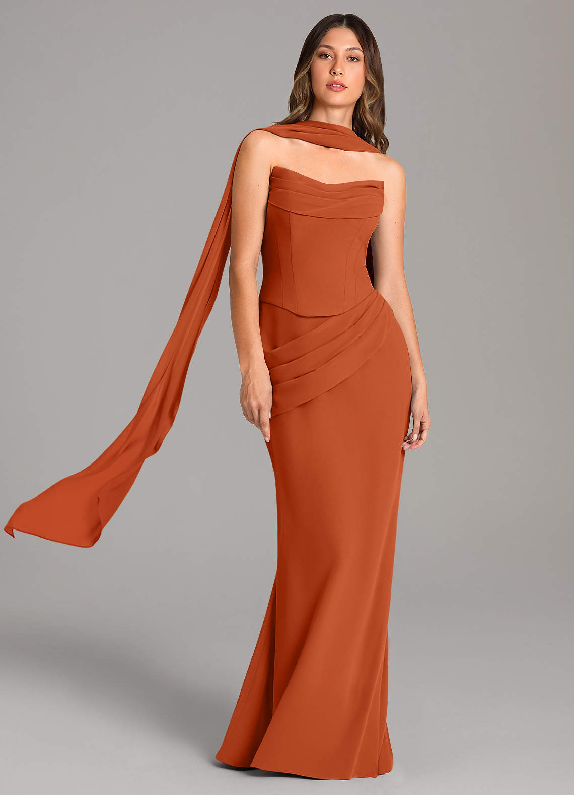 Azazie Sorrel Vestidos de damas de honor Vestido de Naranja Quemada de Gasa de Corte Sirena con Corsé image1